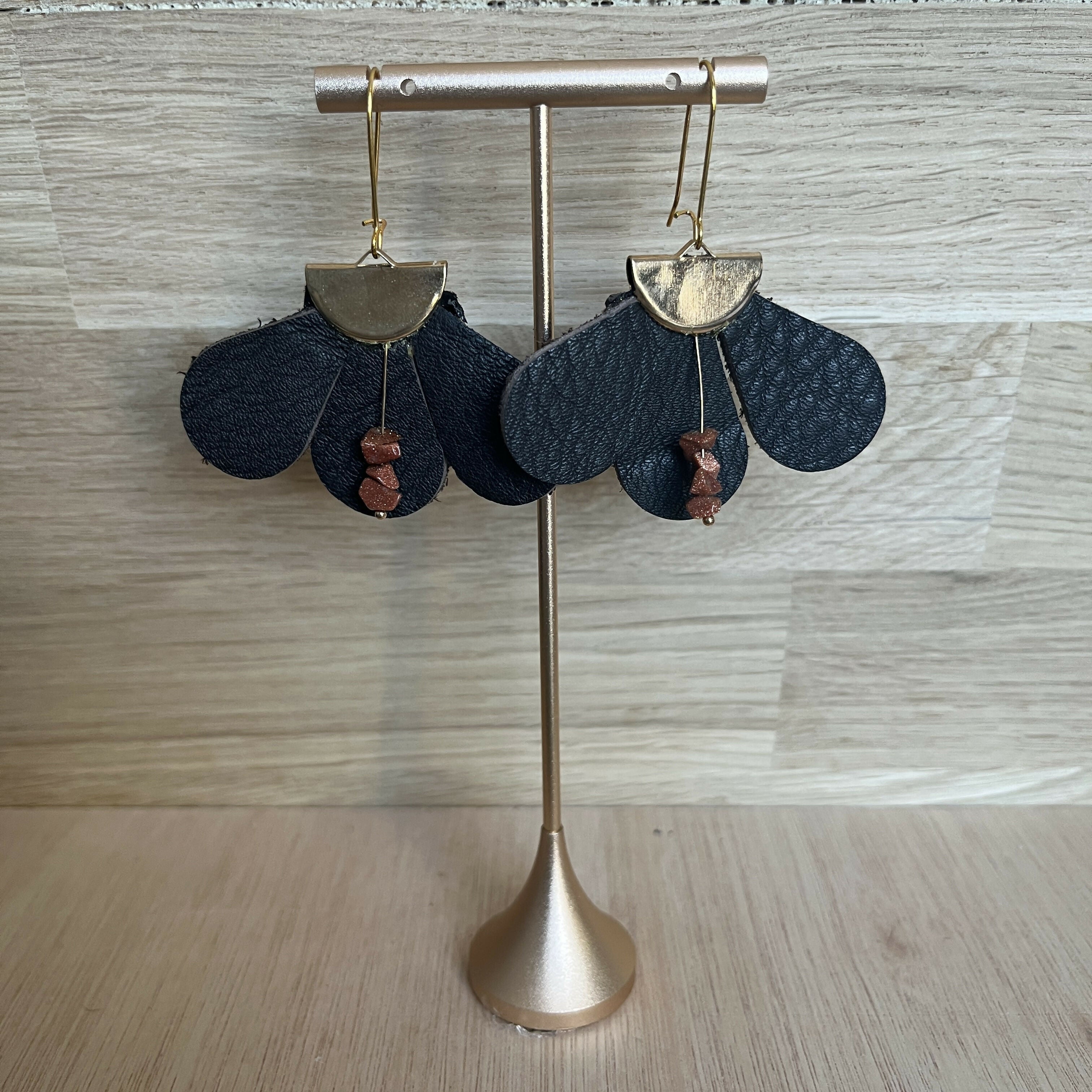 Forest Whisper – Dark Brown Thin Leather Flower Earrings with Brown Stone Chips