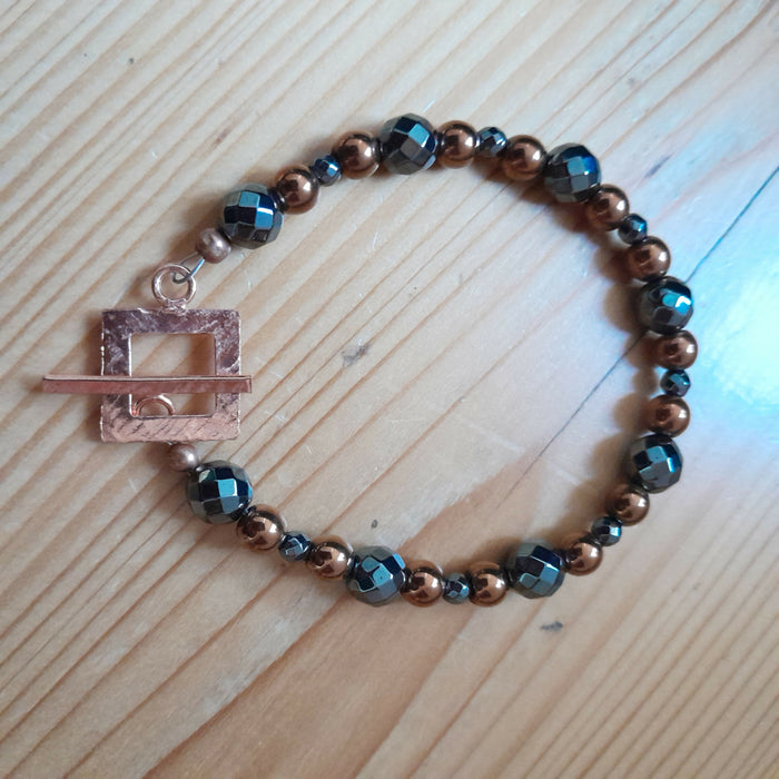 Pure, Hand Hammered, Copper Toggle Bracelet with Faceted Grey Hematite and Copper Hematite