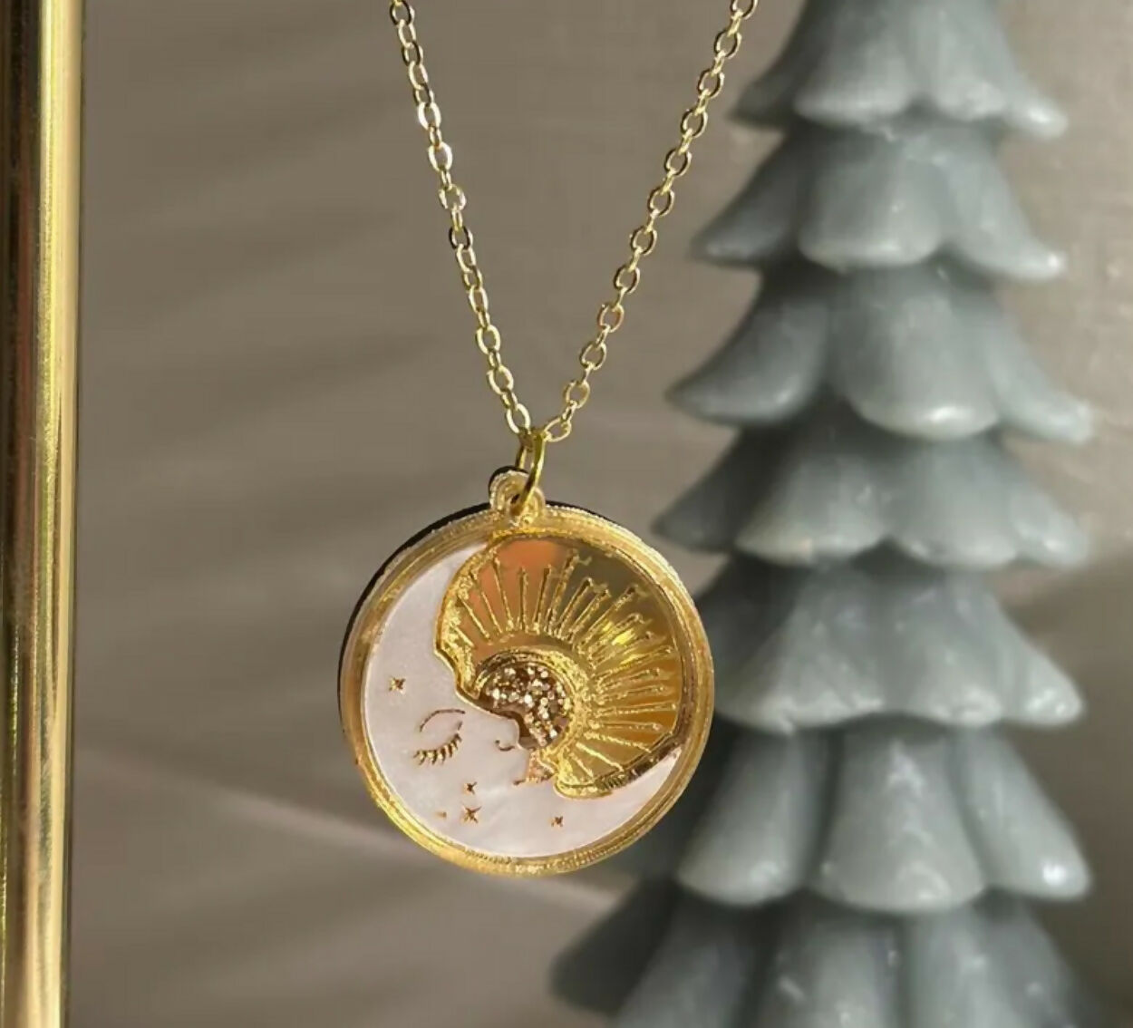 Celestial Christmas Moon and Sunbeam Disc Pendant