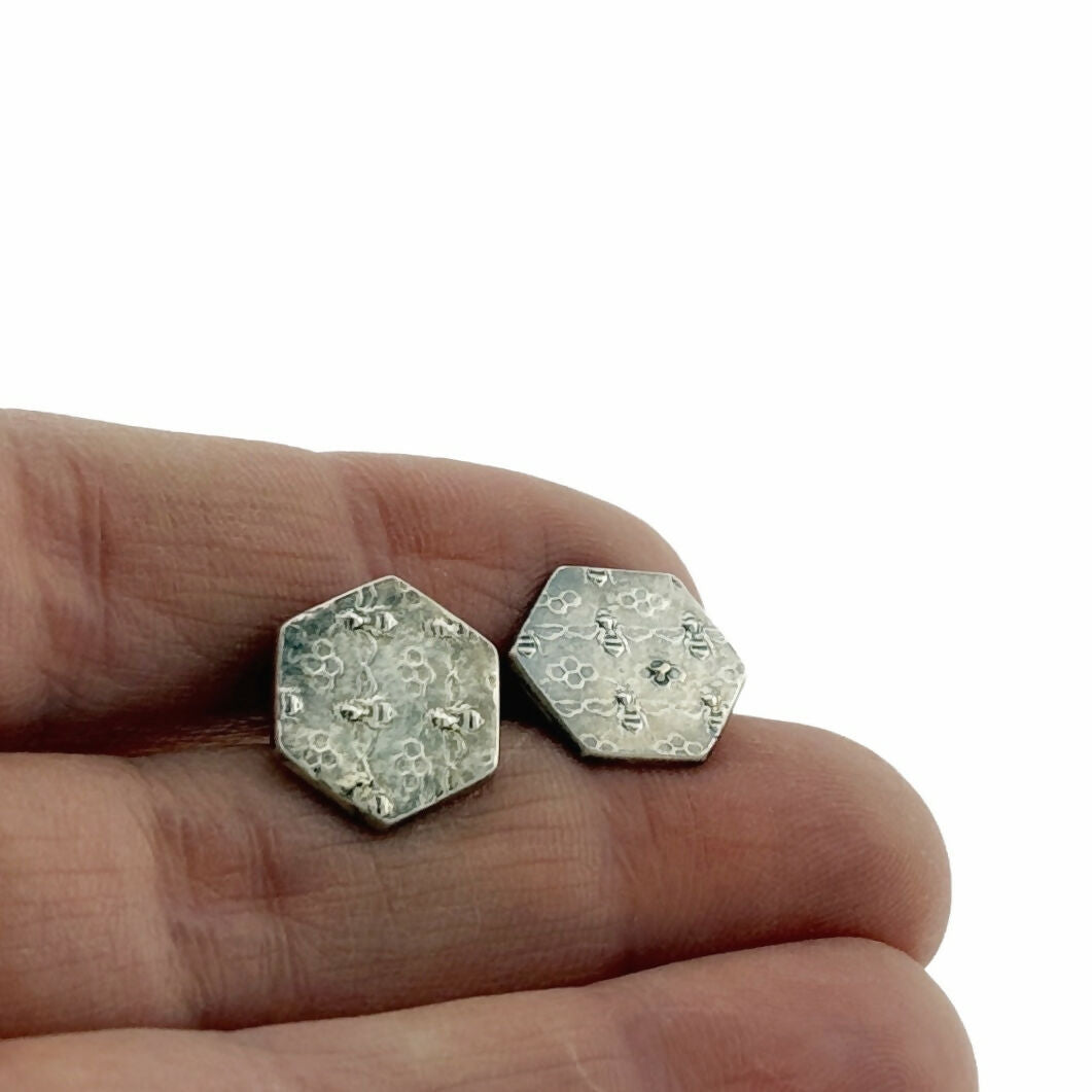 Silver Bee Hexagon Stud earrings -with sterling silver butterfly backs