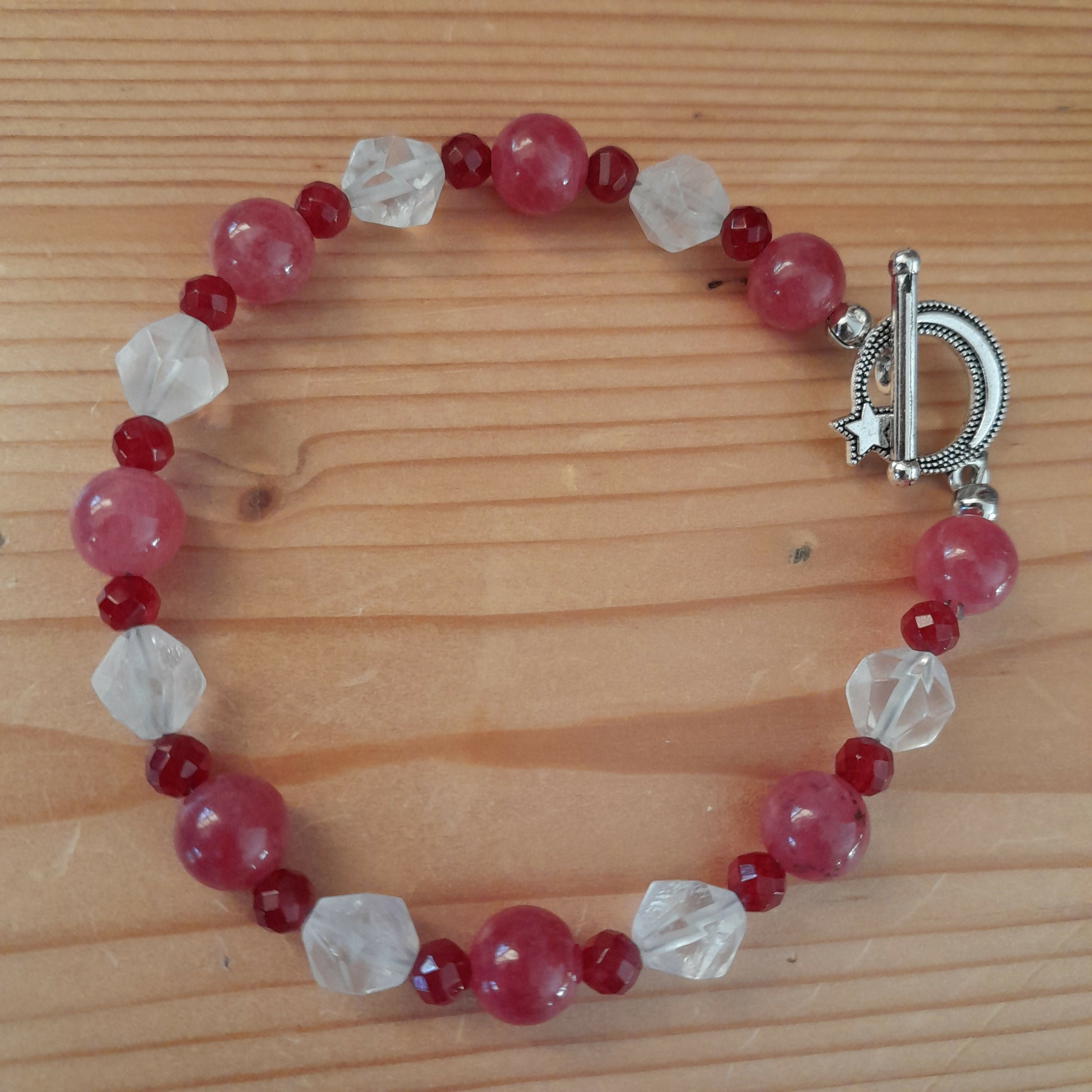 Tibetan Silver Toggle Catch Bracelet with Strawberry Quartz, Faceted Red Chalcedony & Faceted Rose Quartz.
