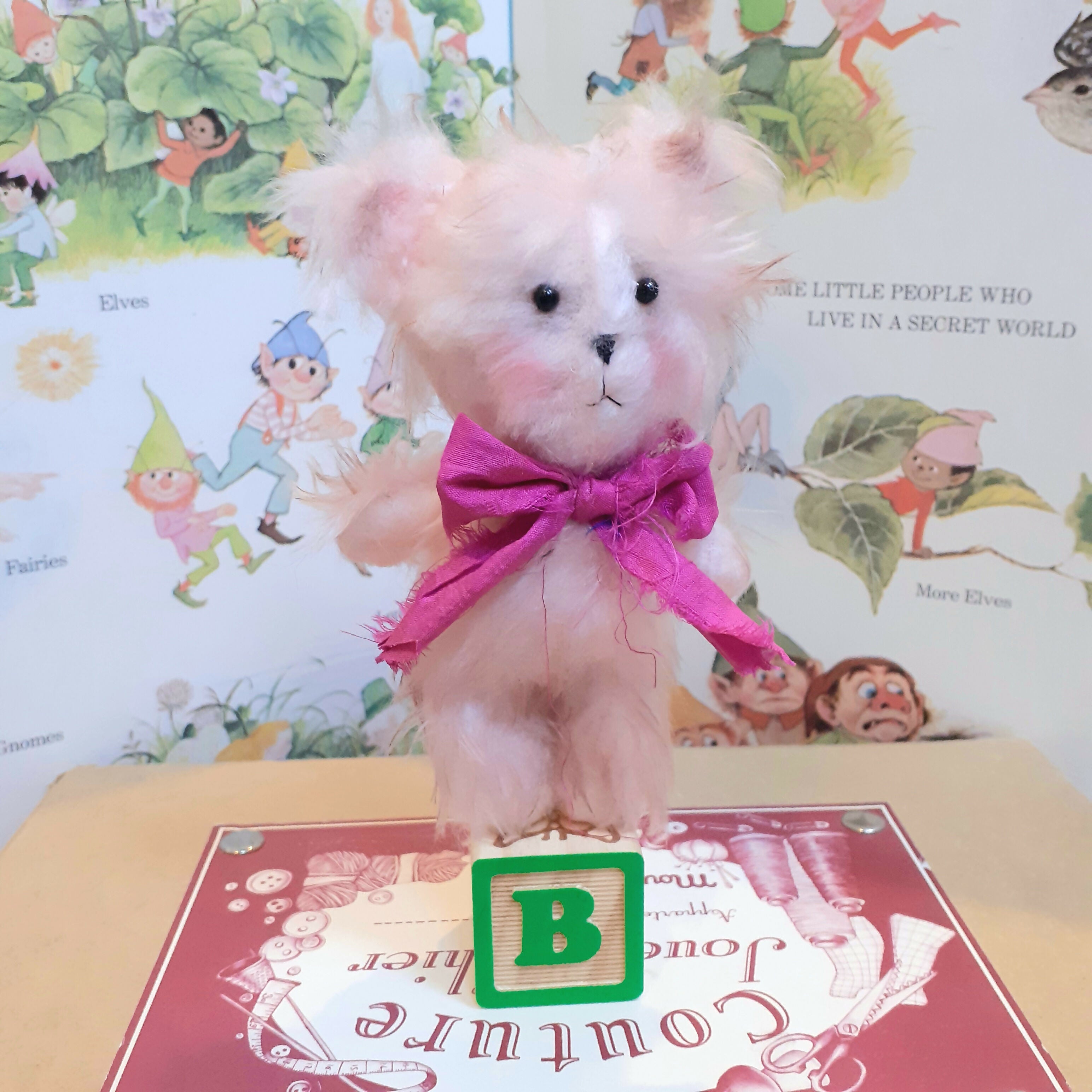 Pink Fluffy Teddy On Vintage Block Ornament