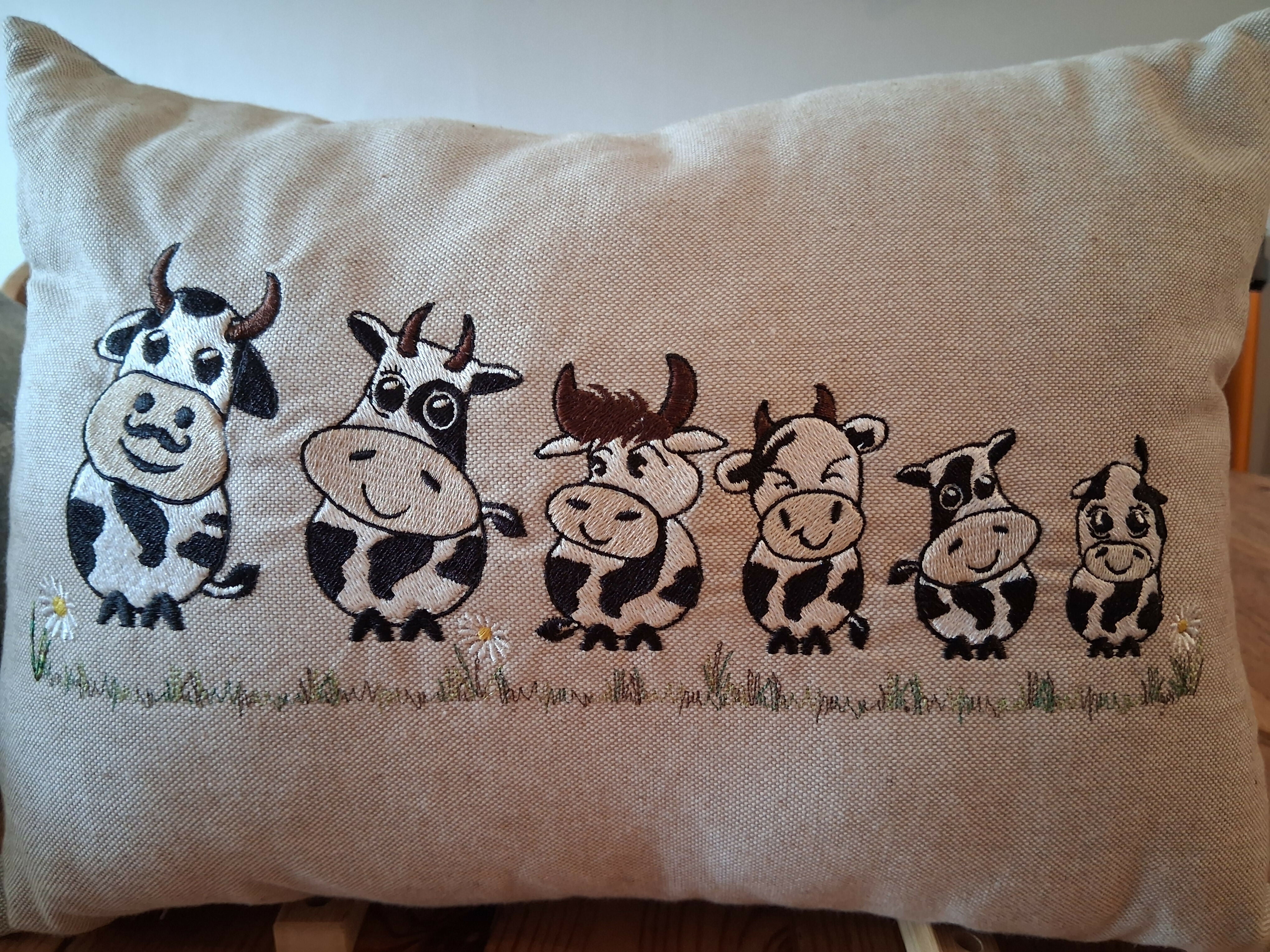 Fun Cow Natural Linen Look Bolster Cushion - Handmade and Embroidered