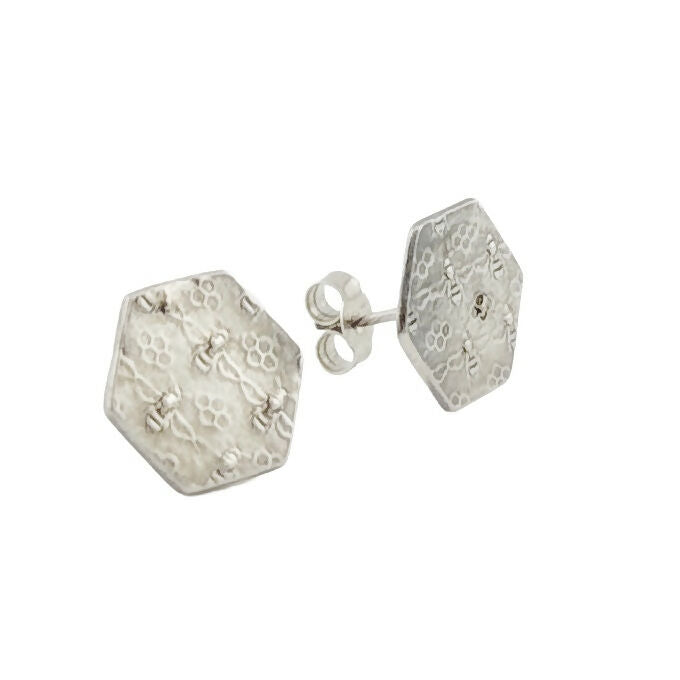 Silver Bee Hexagon Stud earrings -with sterling silver butterfly backs