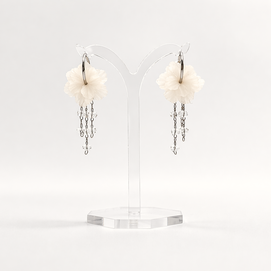 Translucent Flower Drop Earrings with Silver Chain and Crystal Detail