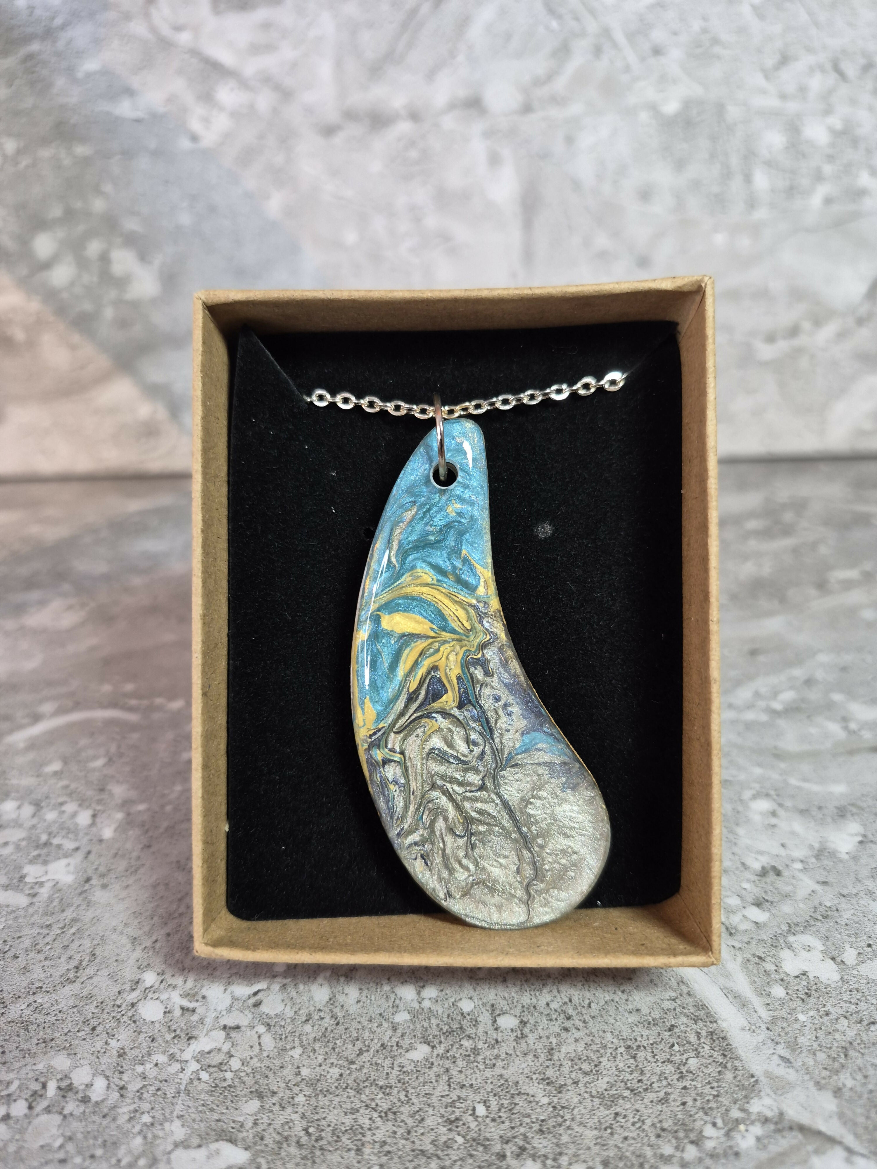 Unique Hand Crafted Pendant With Cyan, Blue, Gold and Silver Marble Effect