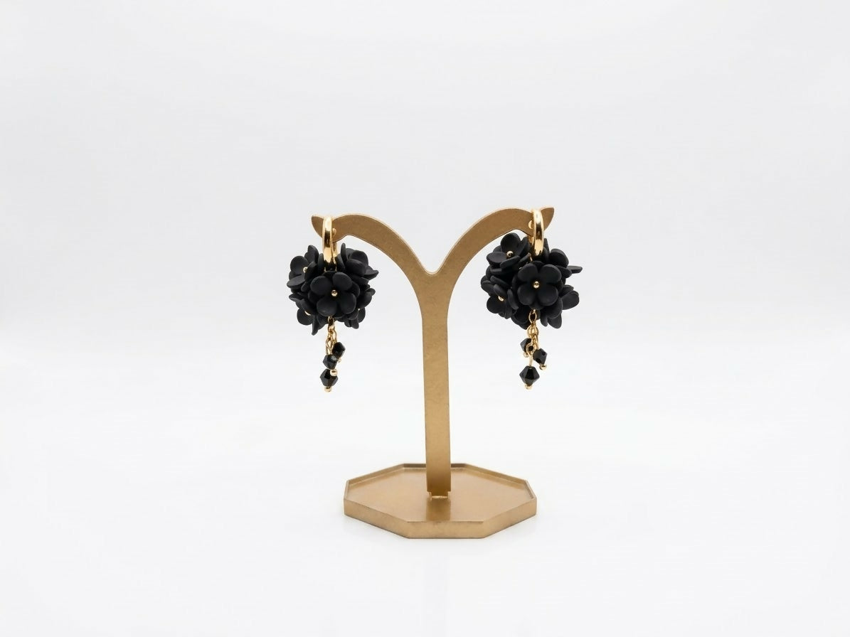 Rounded Flower Cluster Earrings with Black Crystal Drop