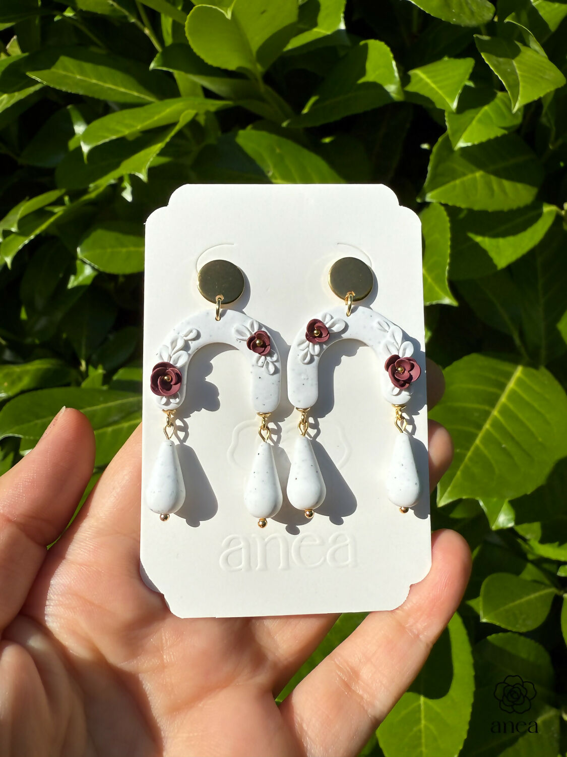 Floral Arch Drop Earrings with Teardrop Beads in White