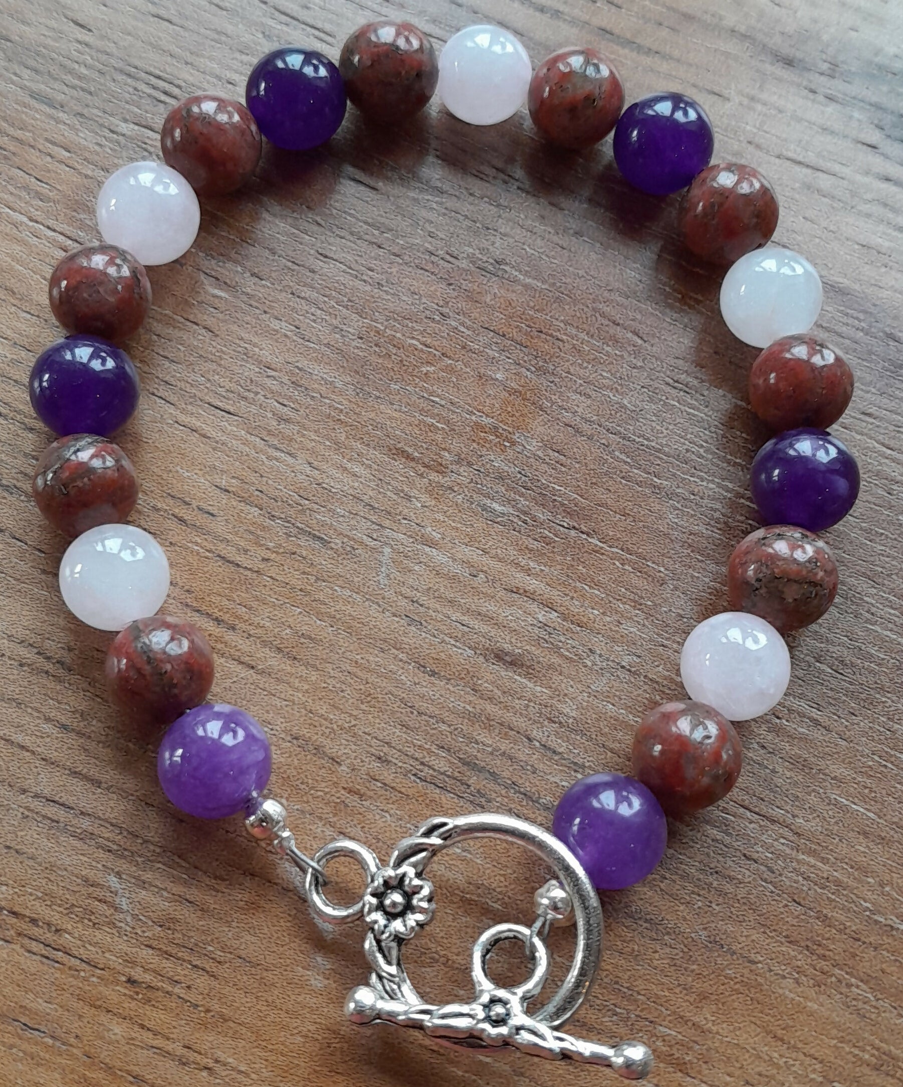 Gemstone Bracelet with Tibetan Silver Toggle Catch, Amethyst, Red Sesame Jasper and Rose Quartz.