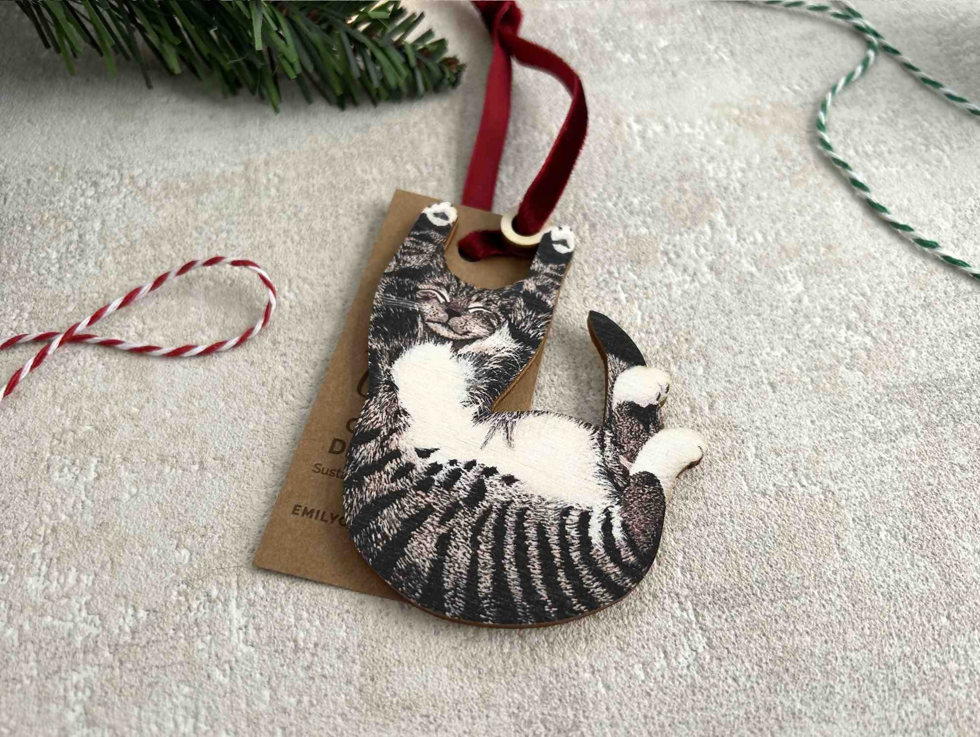 Tabby Cat Wooden Christmas Tree Decoration