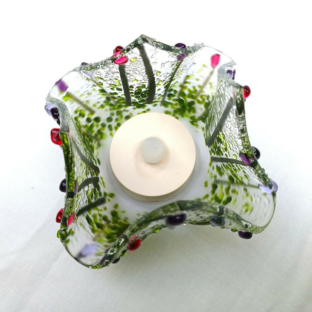 Handmade Handkerchief Tea Light Holder With Pink & Purple Flowers