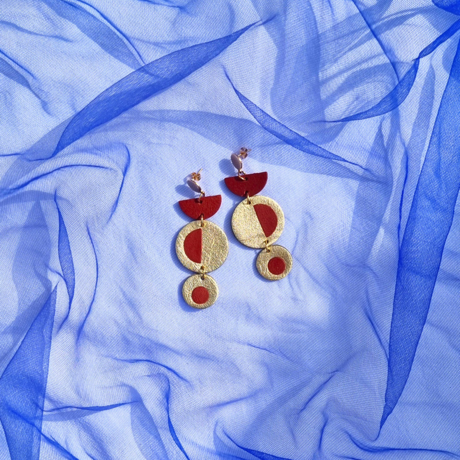 Three Tiered Gold and Red Inlay Earrings