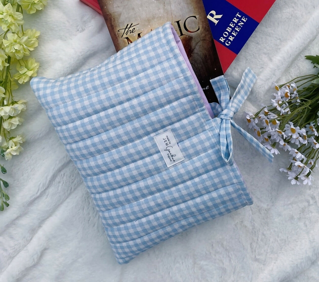 Handmade Quilted Book Sleeve Blue Gingham