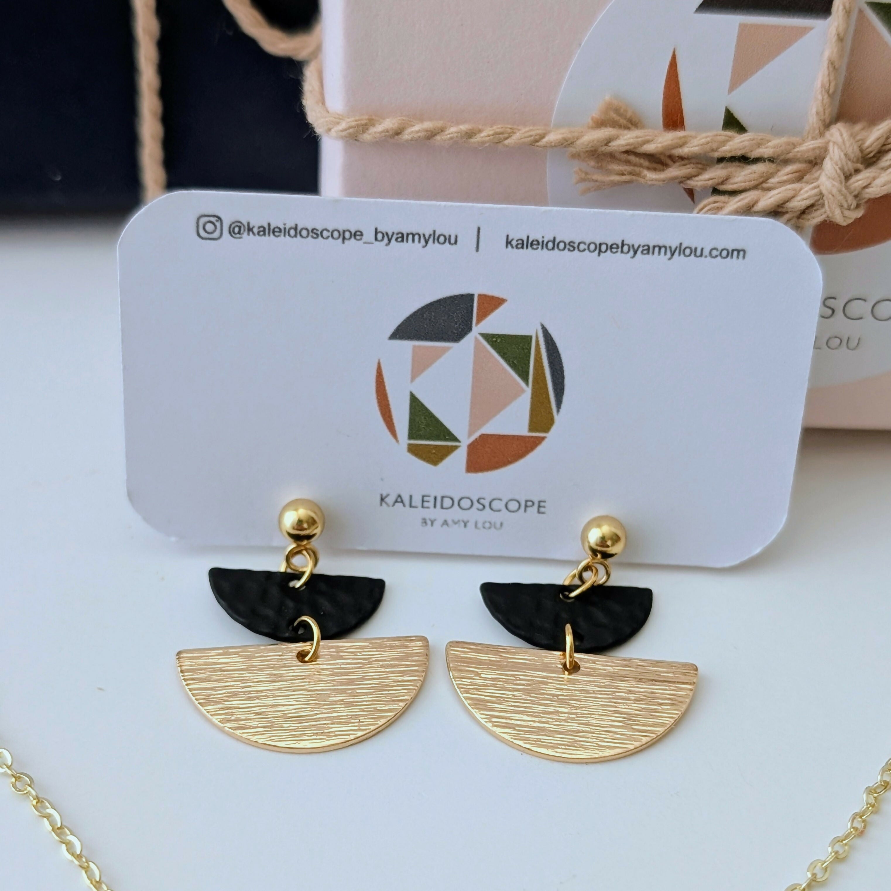Geometric Black and Gold Half Moon Earrings on Gold Plated Ball Stud