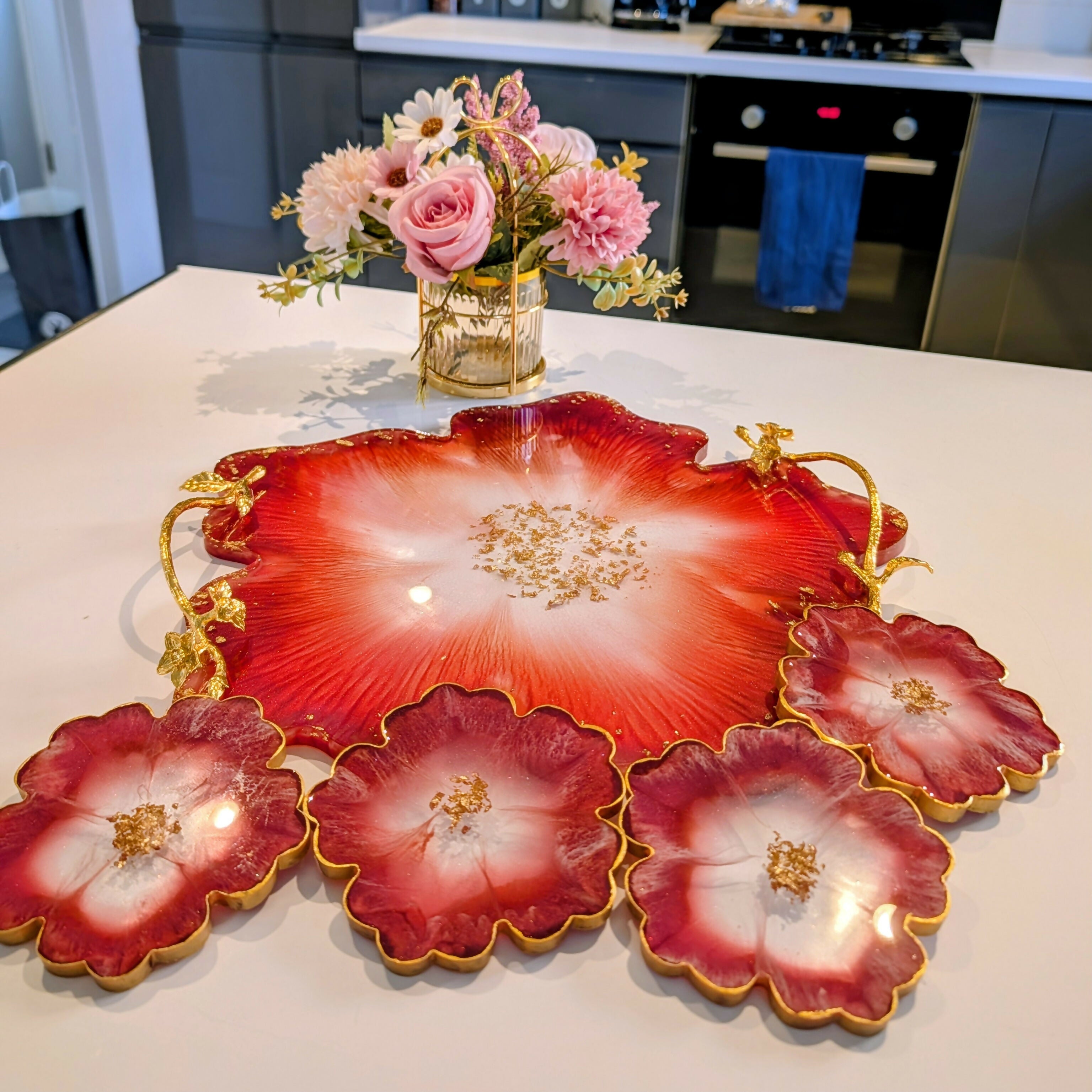 ELEGANT RED FLORAL RESIN TRAY SET WITH COASTERS
