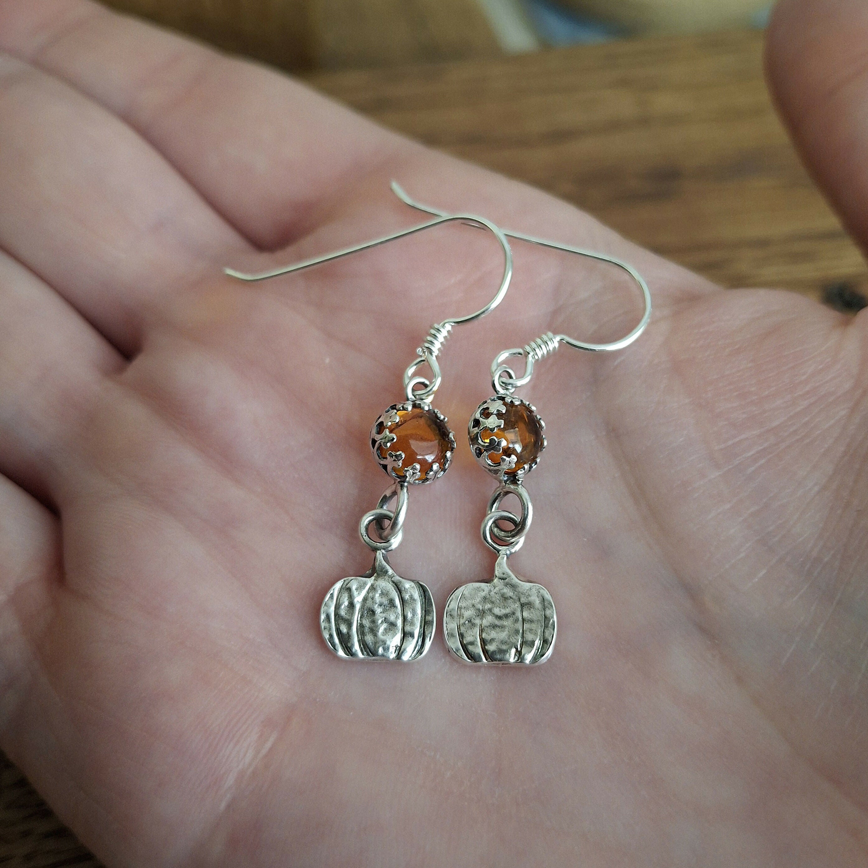 Handmade Silver Pumpkin Earrings With Amber