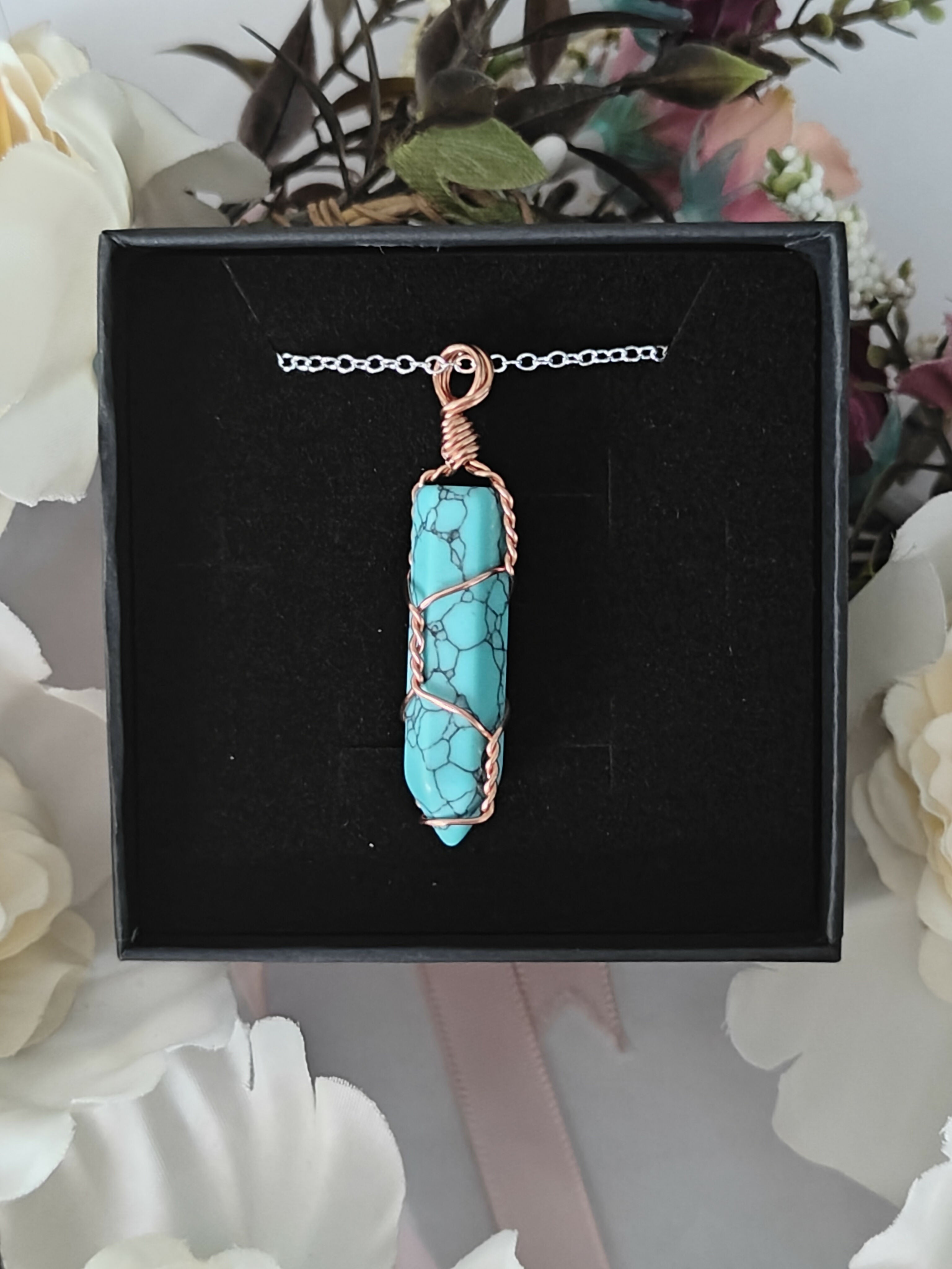 Blue Turquoise Wire Wrapped Crystal Point Necklace on Sterling Silver Chain