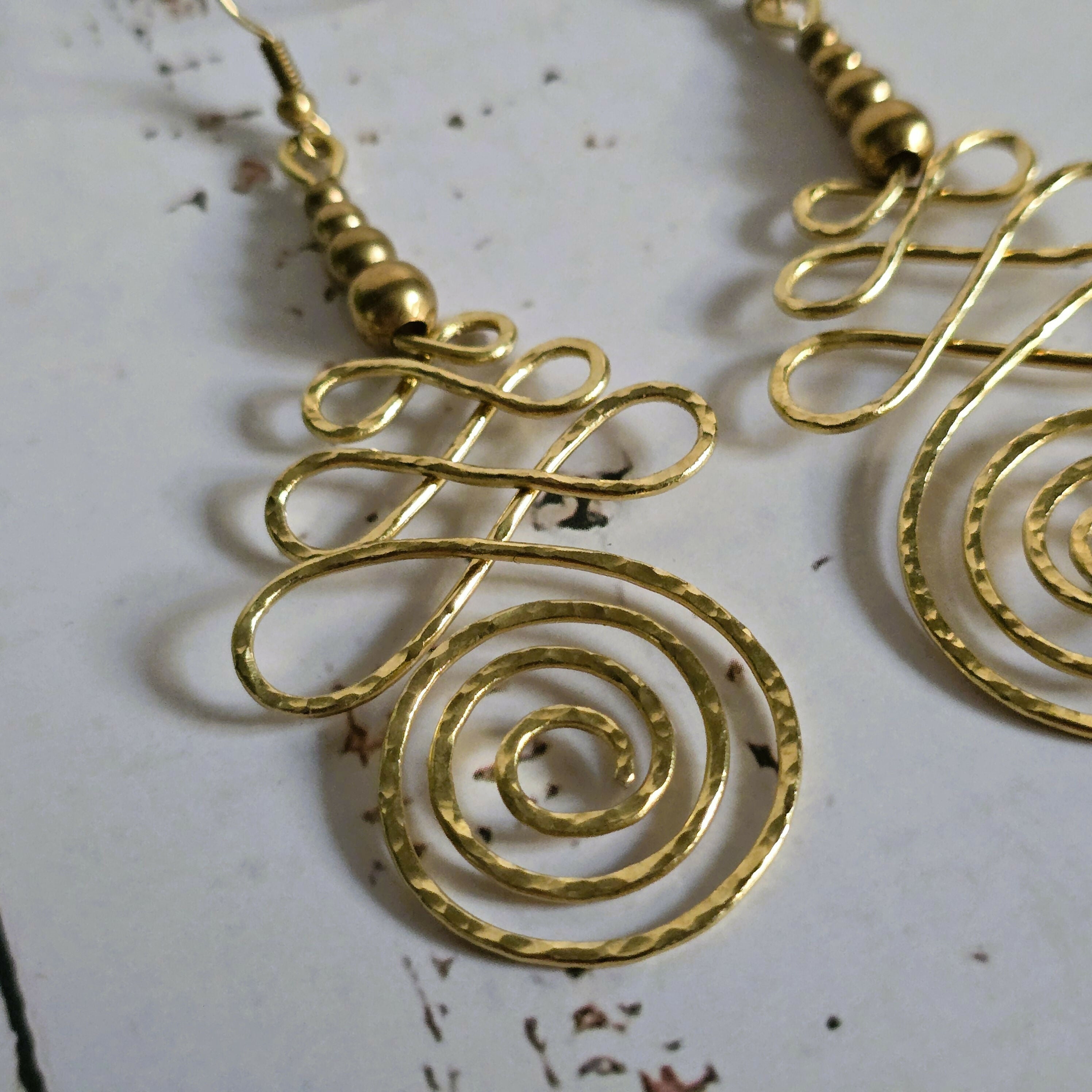 Gold Unalome Earrings; Hand Sculpted Brass Wire Spiral Buddhist Boho Thai Earrings
