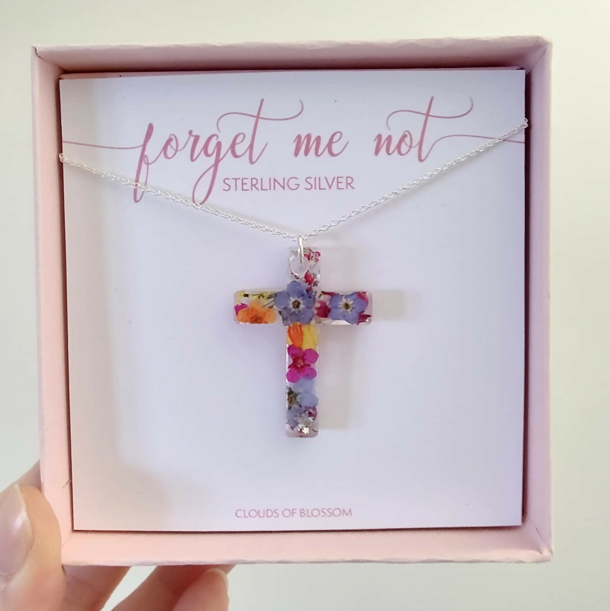 Real Flower Multicolour Cross Necklace Sterling Silver