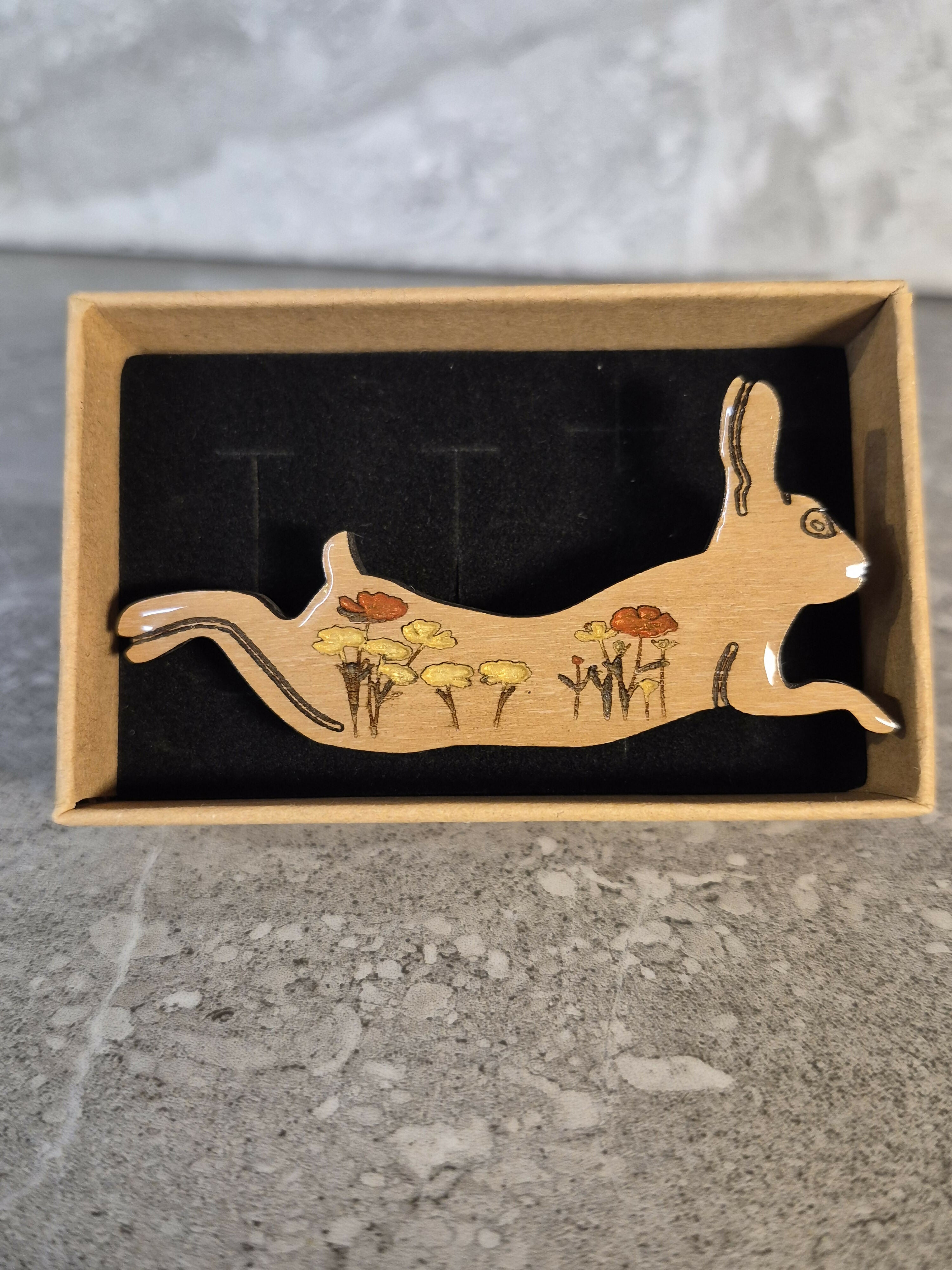 Handcrafted Cherry Veneered Leaping Hare Pin with Flower Decoration