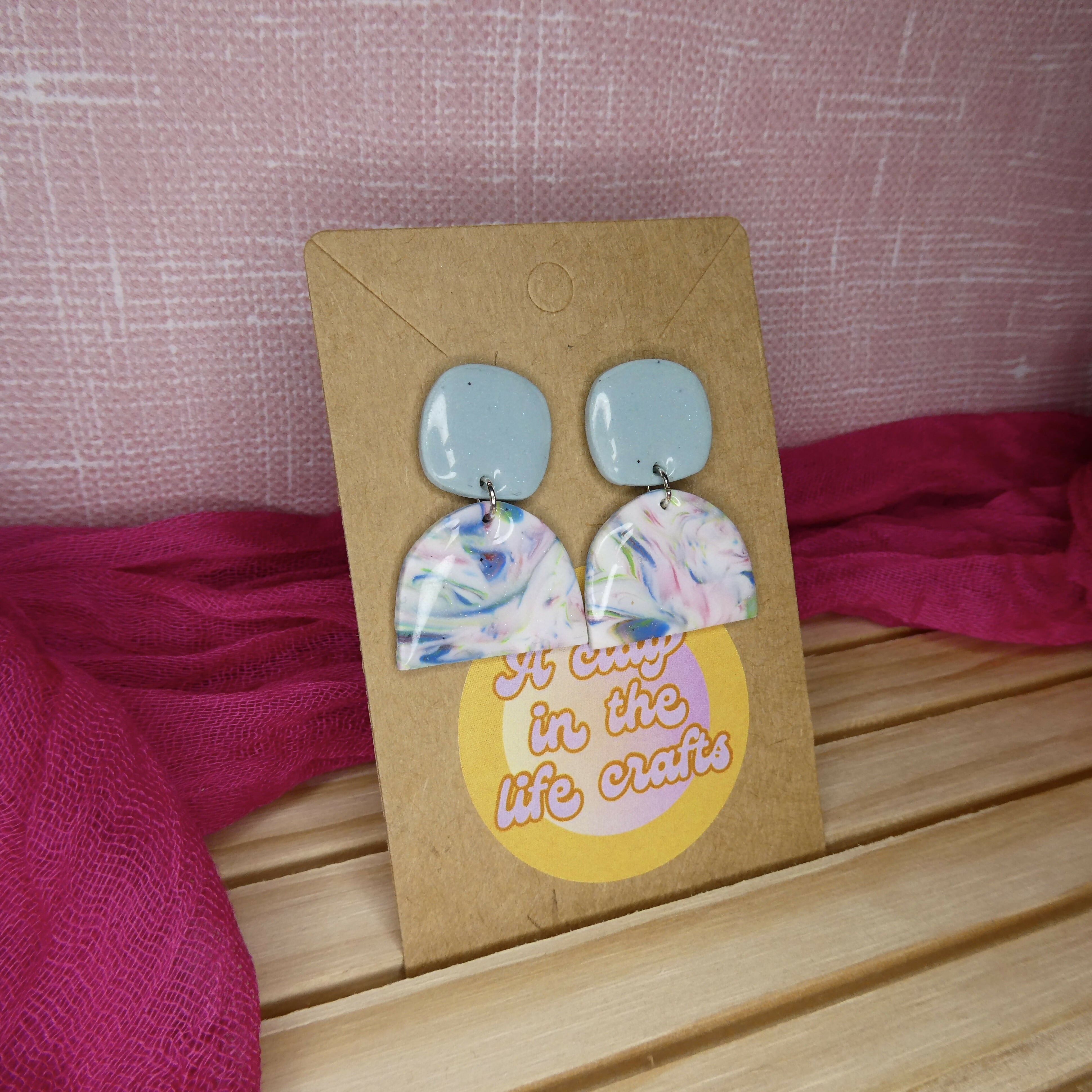 Mint Green Polymer Clay Earrings With White Multicoloured Marble