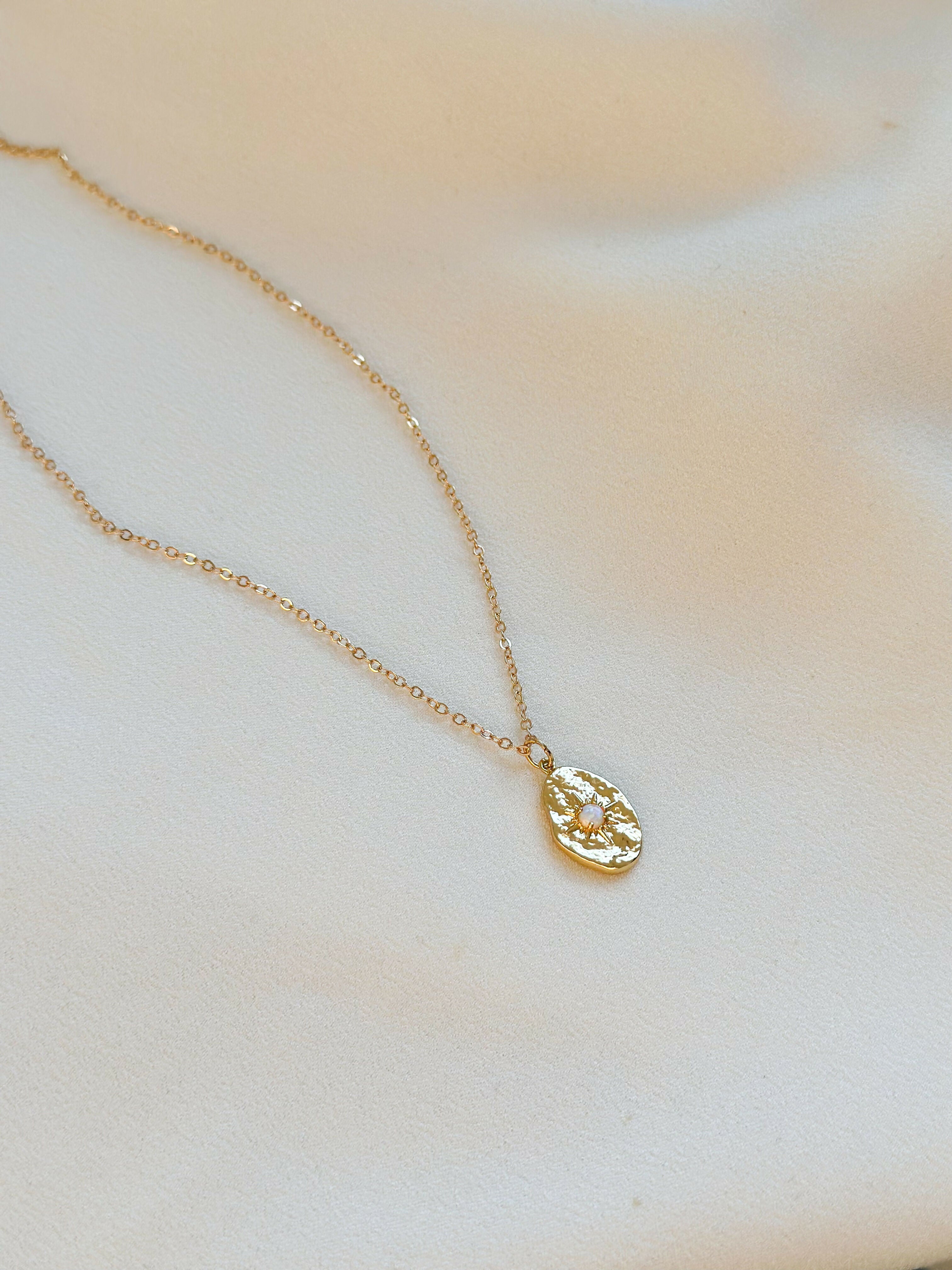 18k Gold Opal Hammered Pendant Necklace