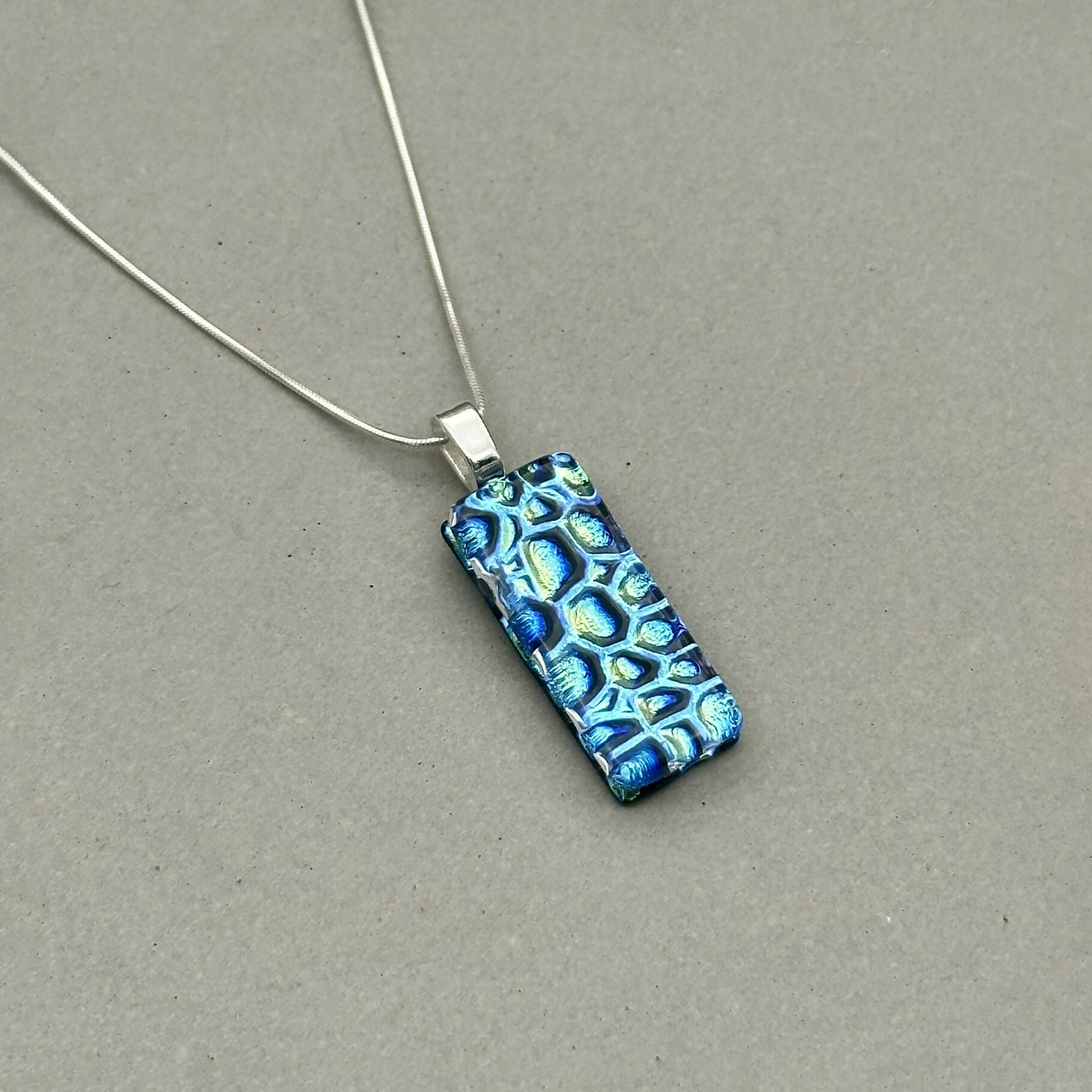 Green & Blue Raindrop Dichroic Glass Necklace and Earrings Set - Sterling Silver, Handmade by Jade Tapson Glass