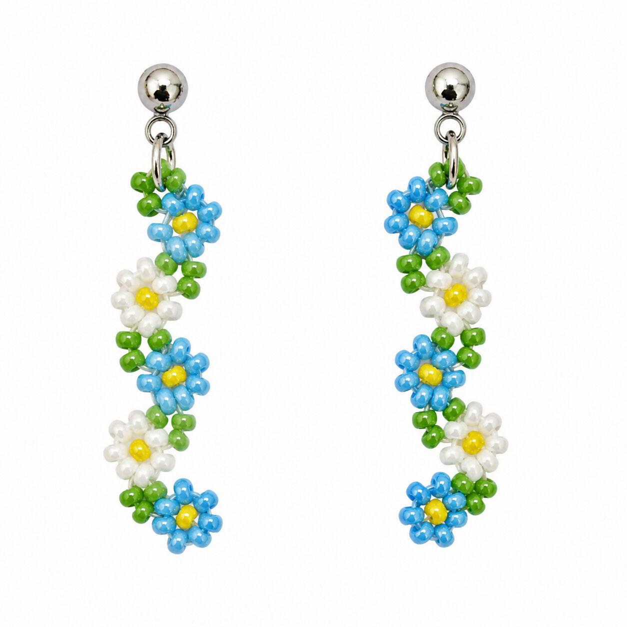 Handmade Beaded Dangle Earrings - Mediterranean Flowers, Colourful Festival Accessory