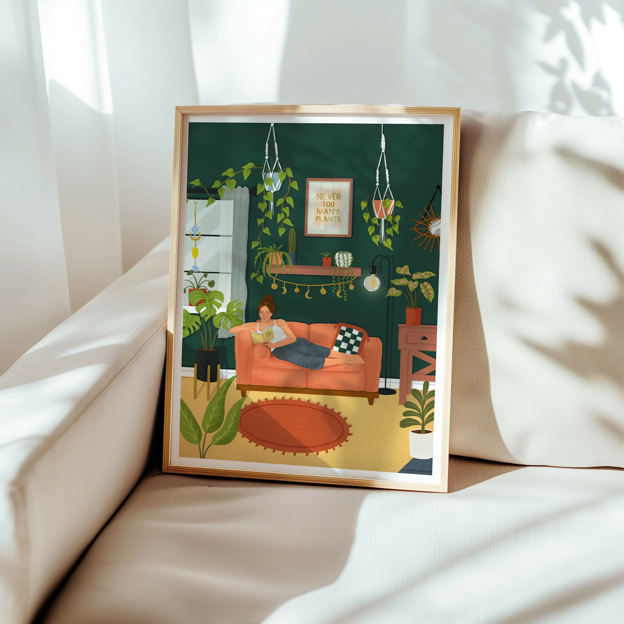 Plant Lover Art Print, Cosy Living Room Illustration (A3)