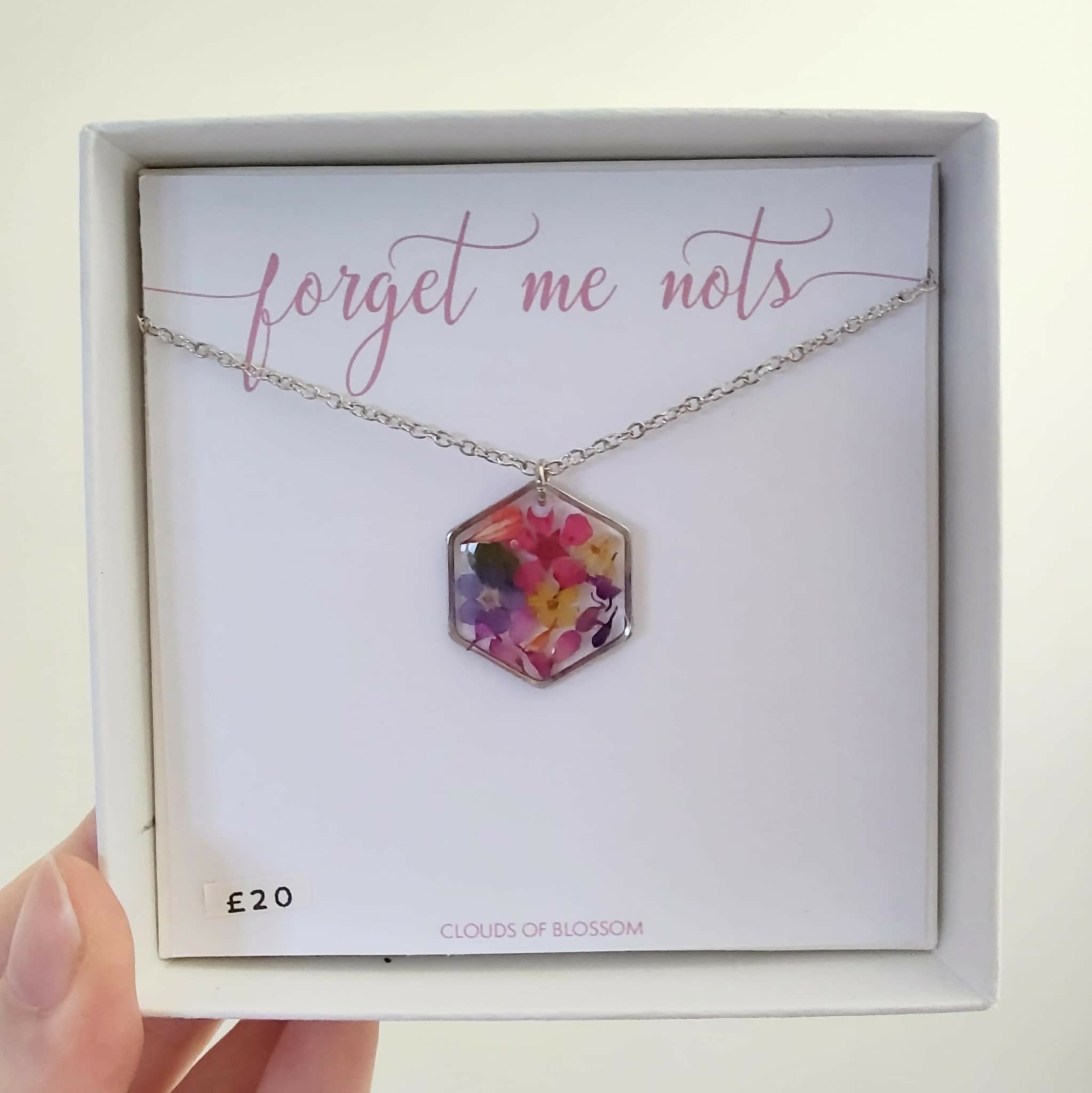 Pressed Flower Colourful Hexagon Necklace Silver Plated
