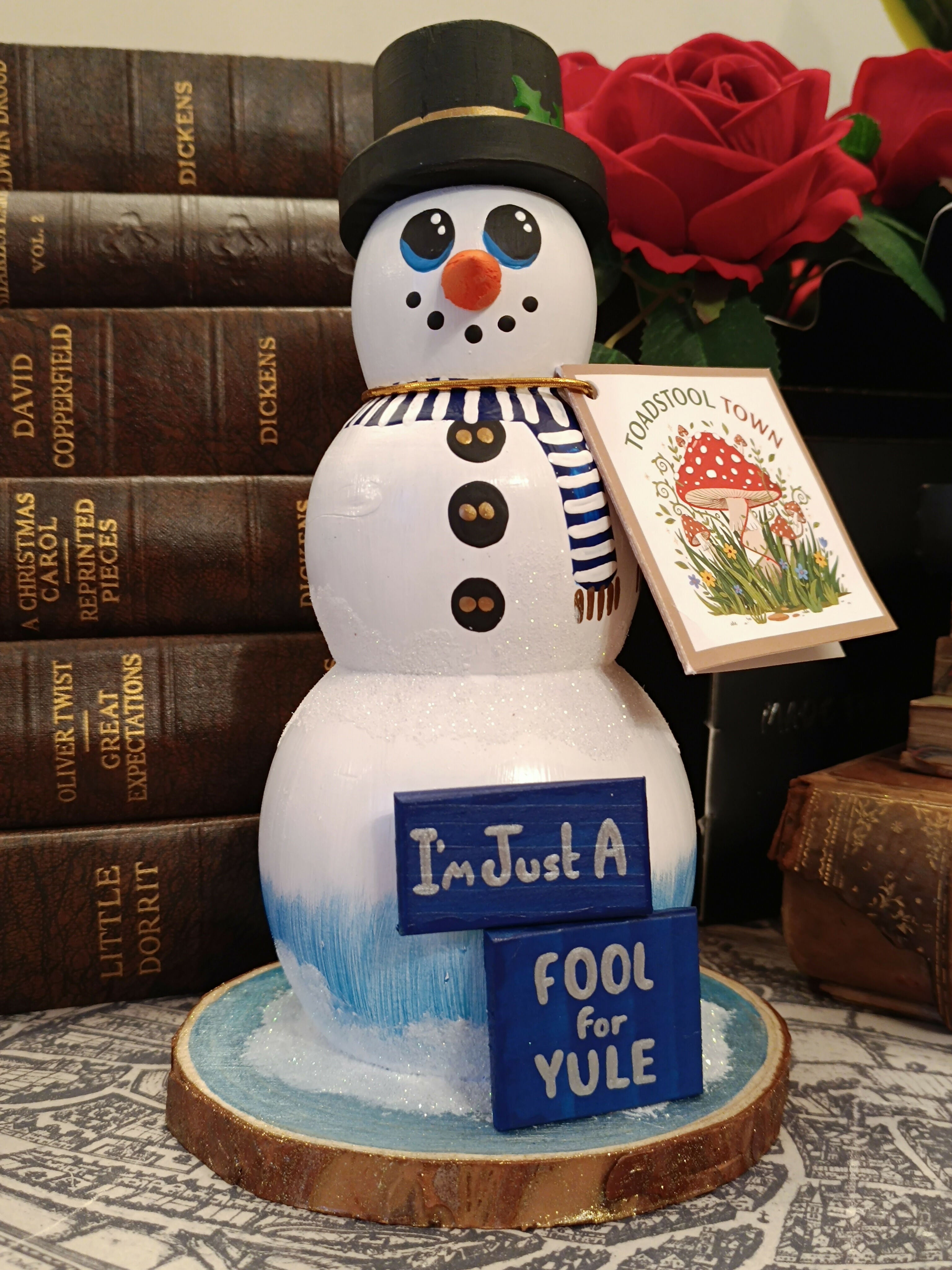 Handcrafted Whimsical Glitter Snowman Figurine with "I'm Just A Fool For Yule" Wooden Sign