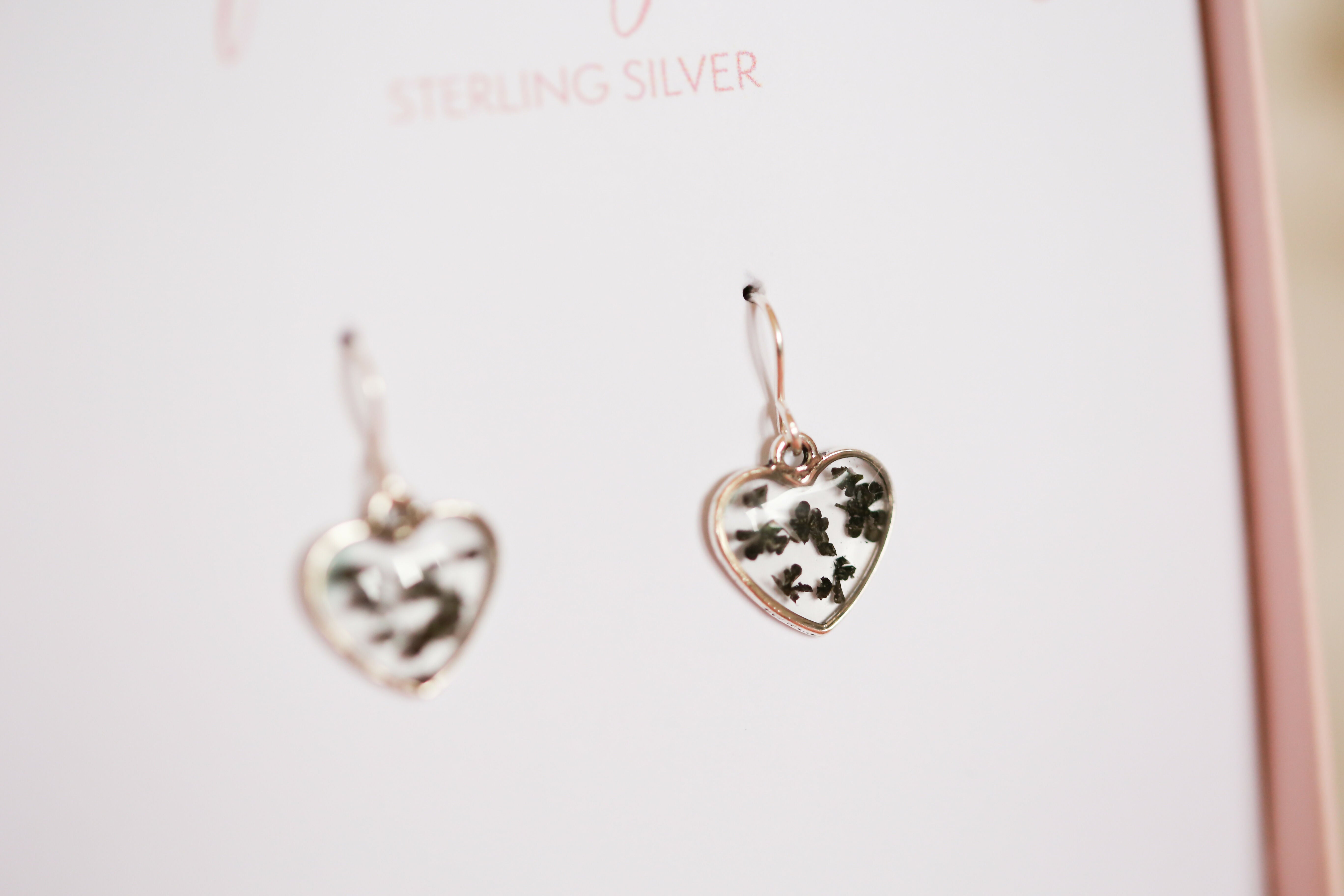 Black Queen Anne’s Lace Tiny Heart Earrings Sterling Silver