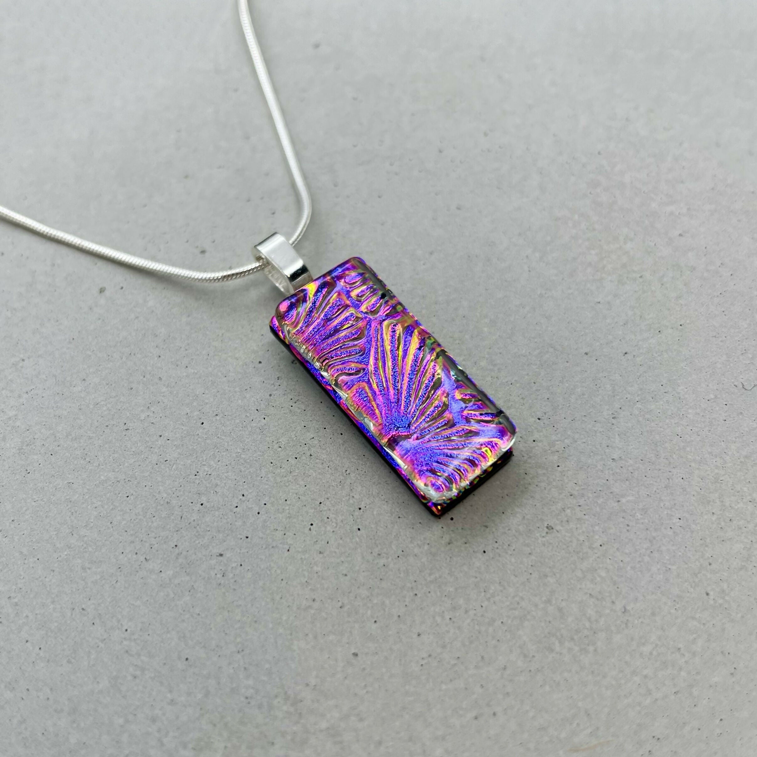 Pink & Purple Flower Dichroic Fused Glass Pendant with Silver Plated Chain - Handmade by Jade Tapson Glass.