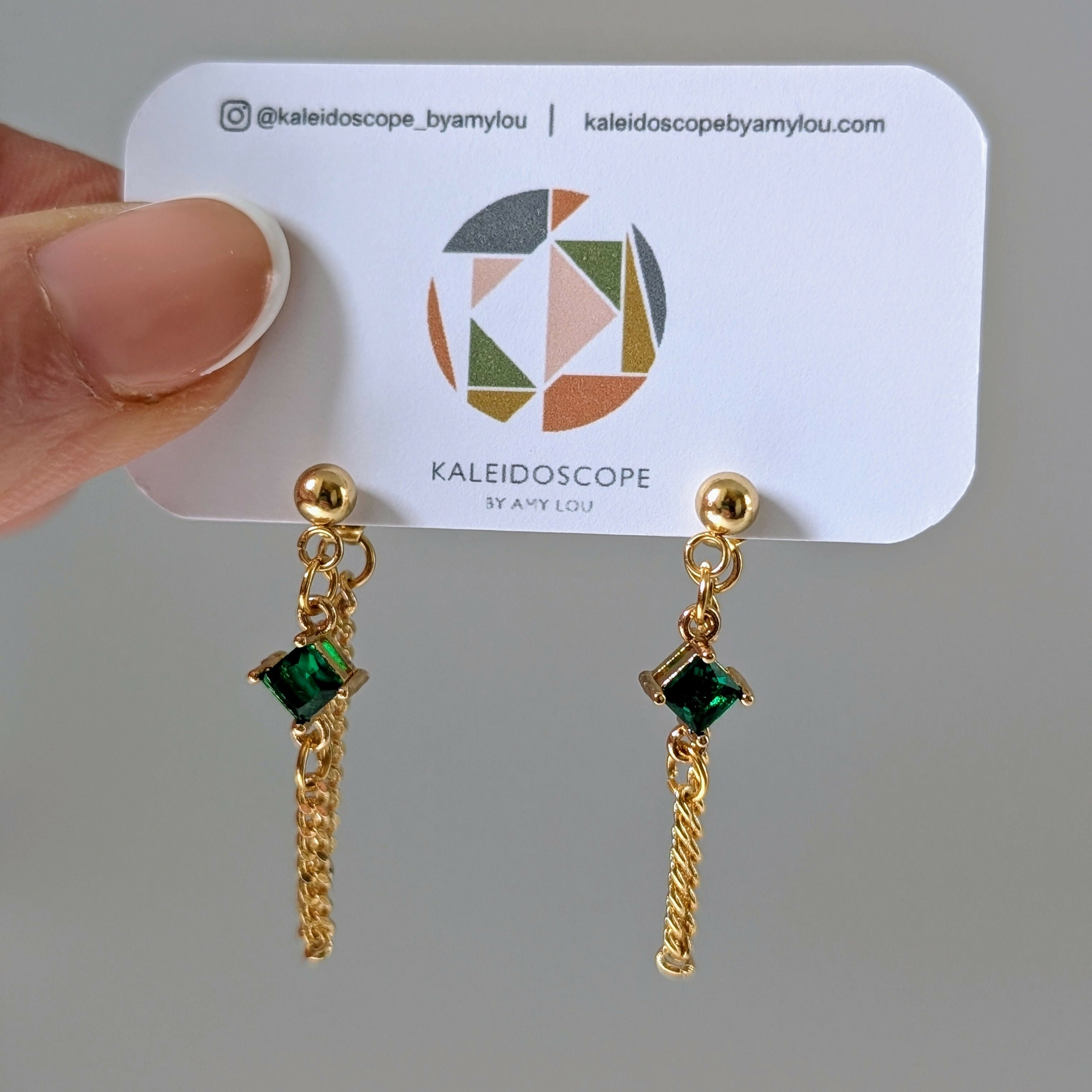 Emerald Green Zirconia Chain Earrrings on Gold Plated Ball Stud