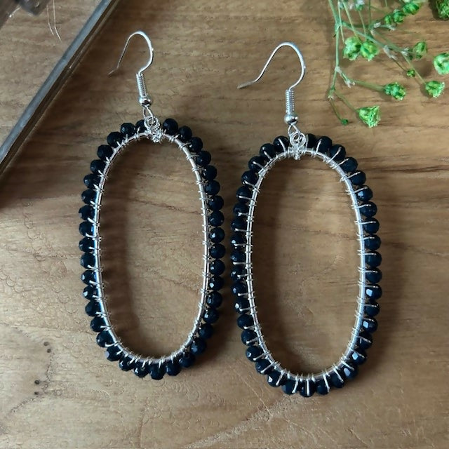 Large Silver Plated Blue Agate Beaded Oval Earrings