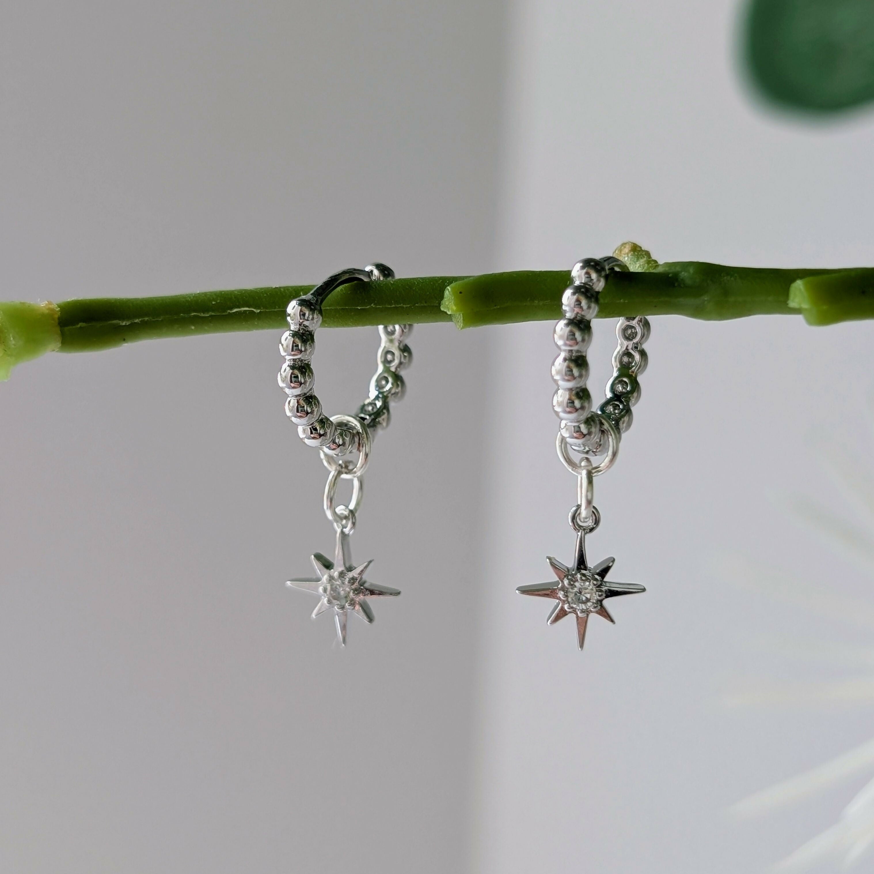 Silver Plated Bead Huggie Earrings with a Tiny Silver Cubic Zirconia Star Charm