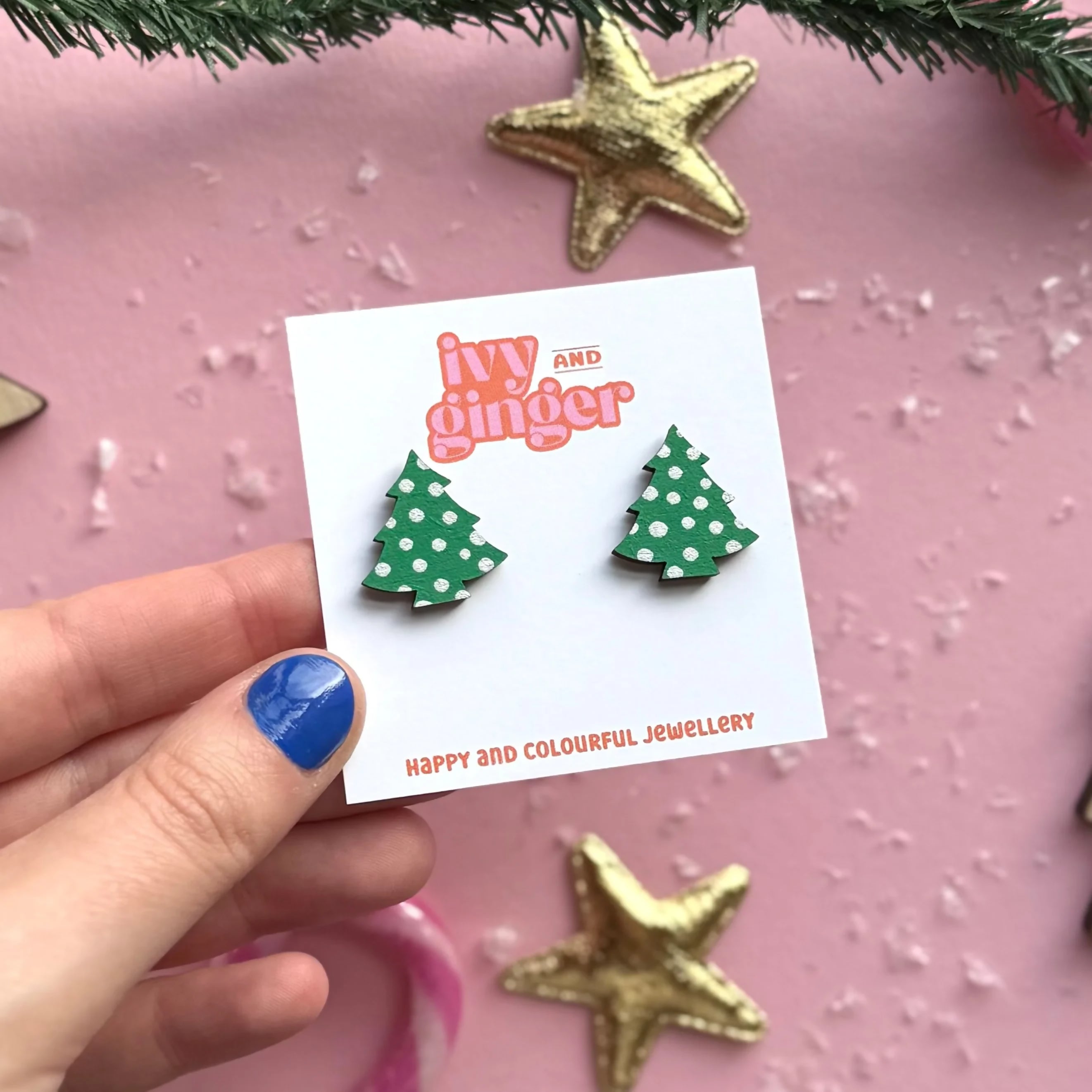Silver Polka Dot Print Christmas Tree Stud Earrings