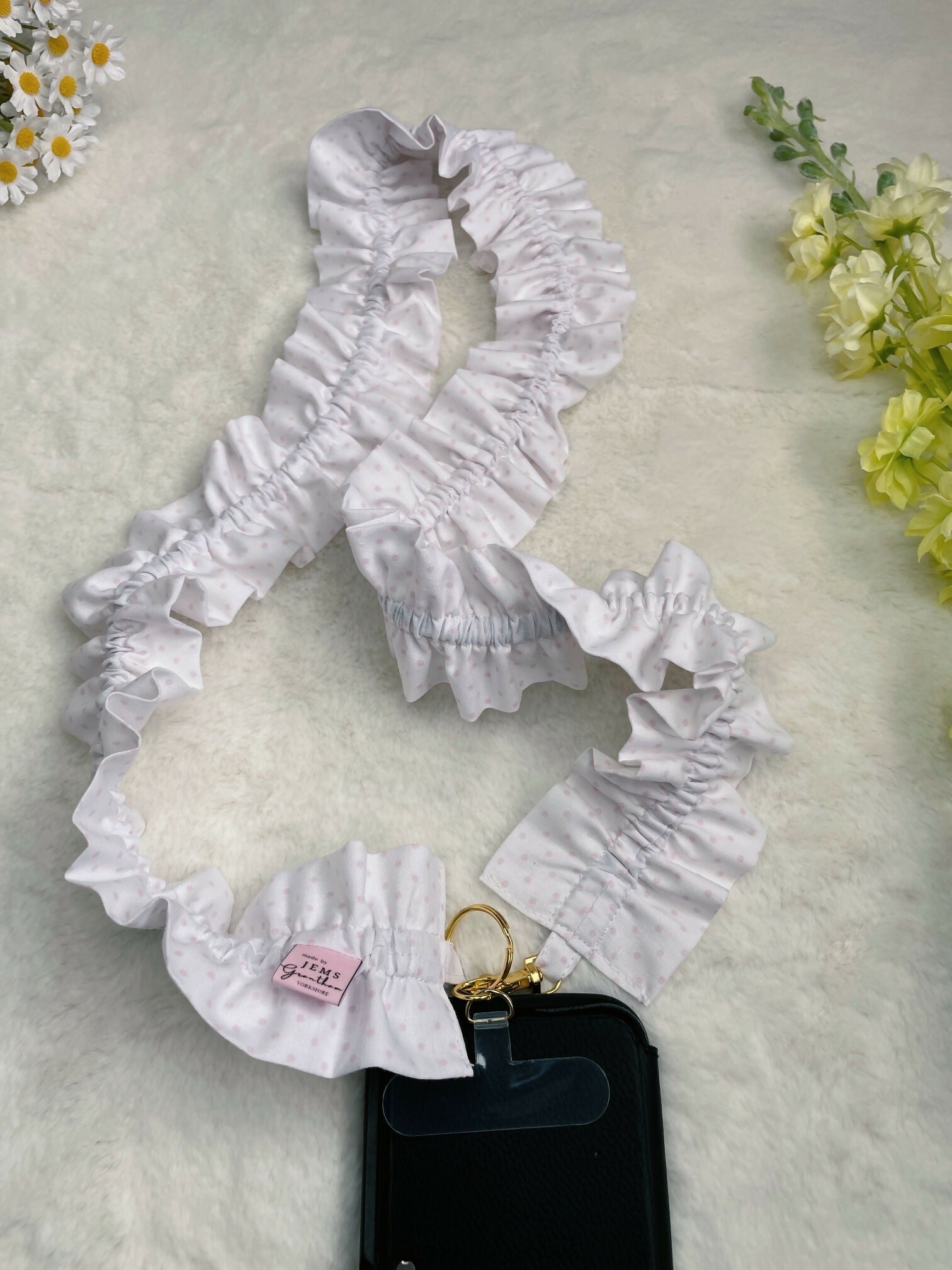 Handmade Ruffled Crossbody Phone Strap White with Pink Polka dots