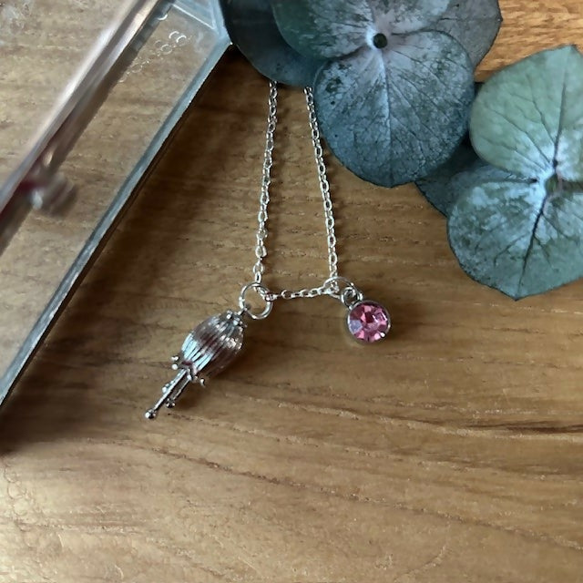 Silver Plated Flower Bud & Pink charm Necklace