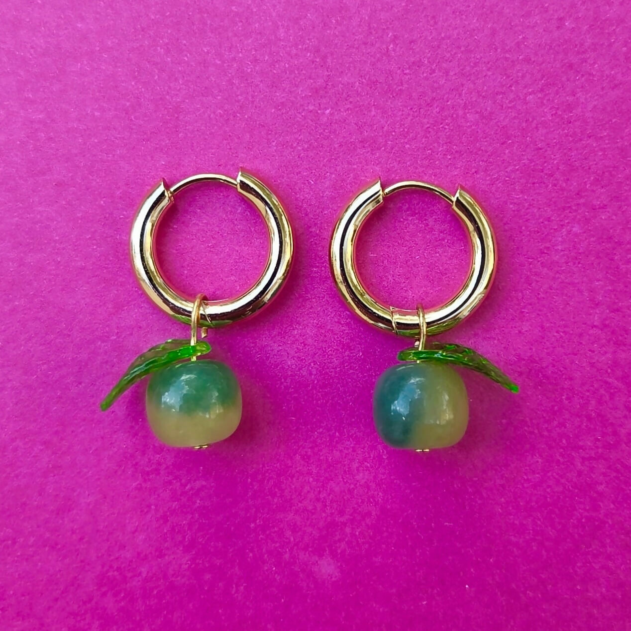 Two-Tone Apple Beaded Gold Huggie Hoop Earrings