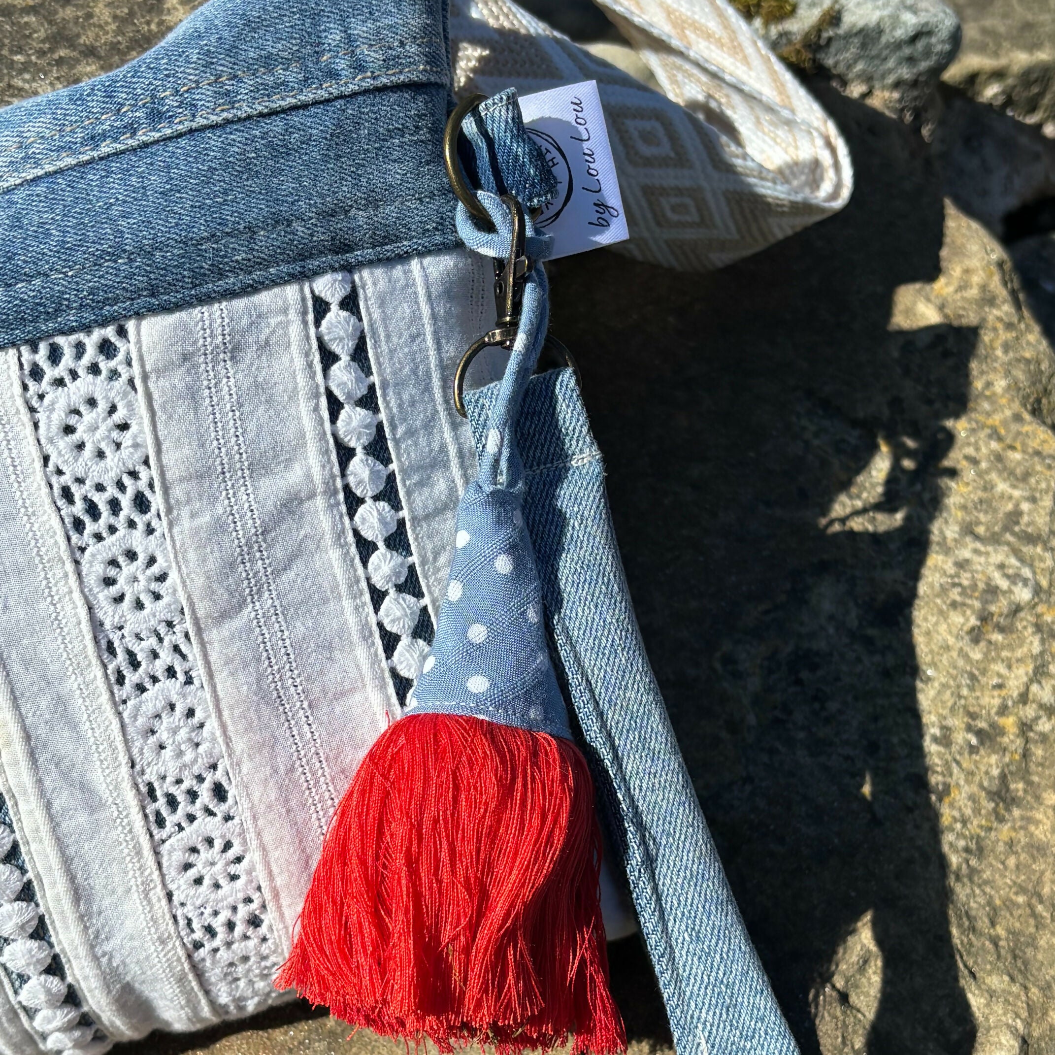 Unique Bag Handbag Made From Upcycled Jeans With Detachable Handle And Wrist Strap Plus Gonk Decoration