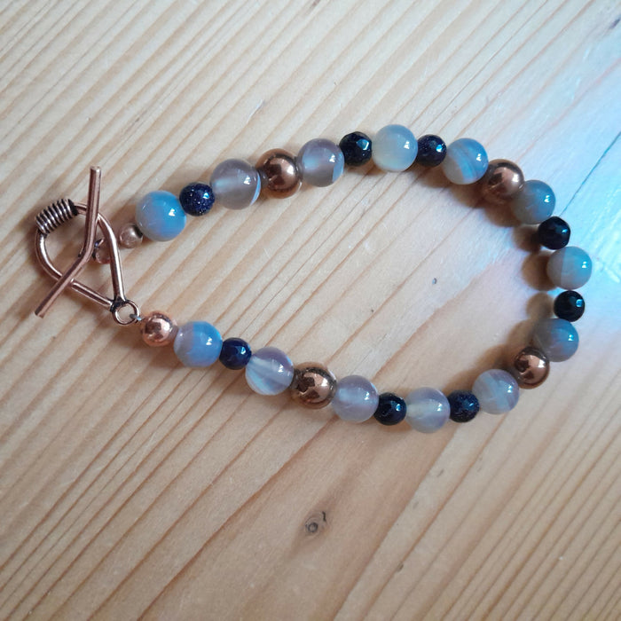 Pure Copper Toggle Bracelet with Banded Grey Agate, Navy Blue Goldstone and Copper Hematite