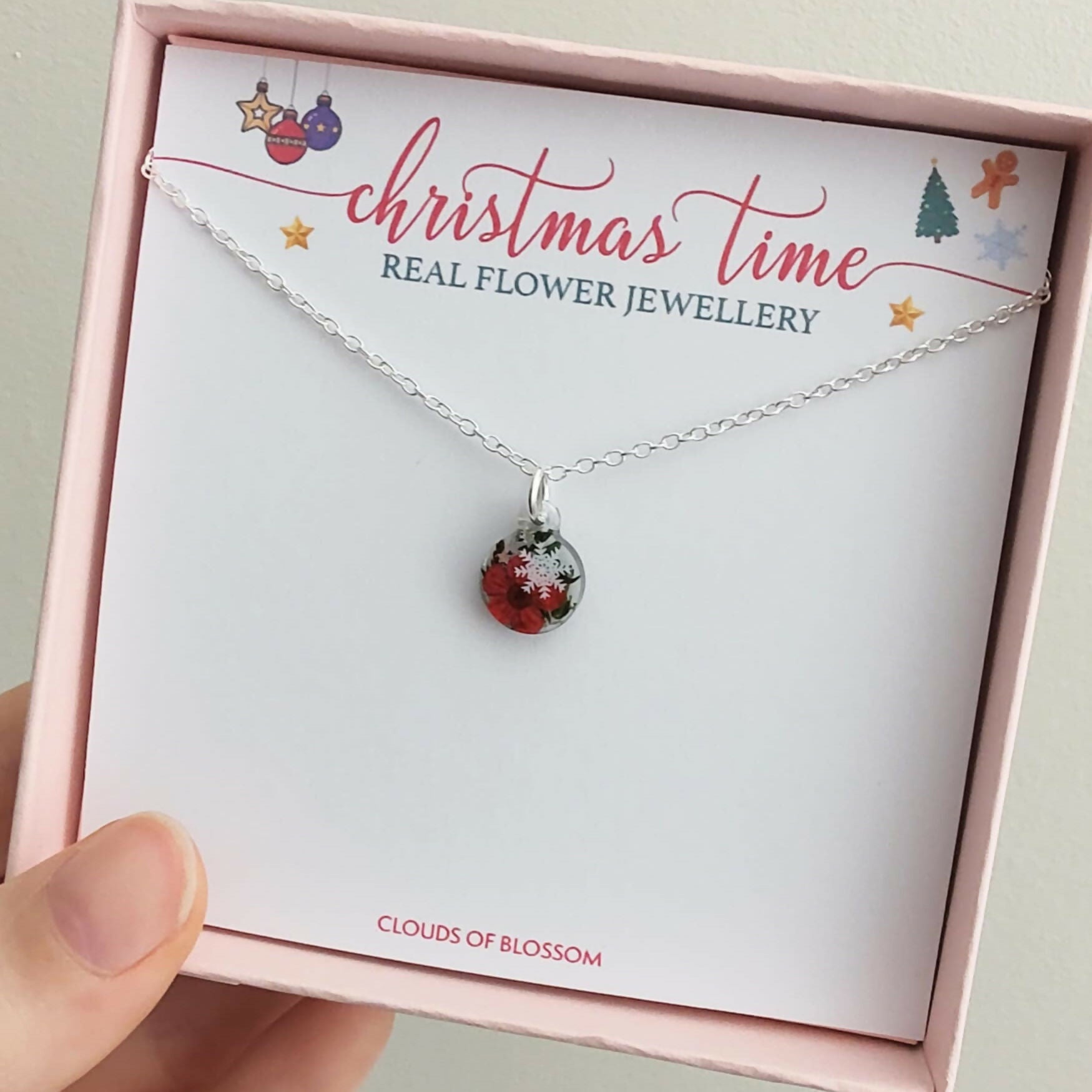 Real Christmas Tree Leaves Red Flower and Snowflake Necklace Silver Plated