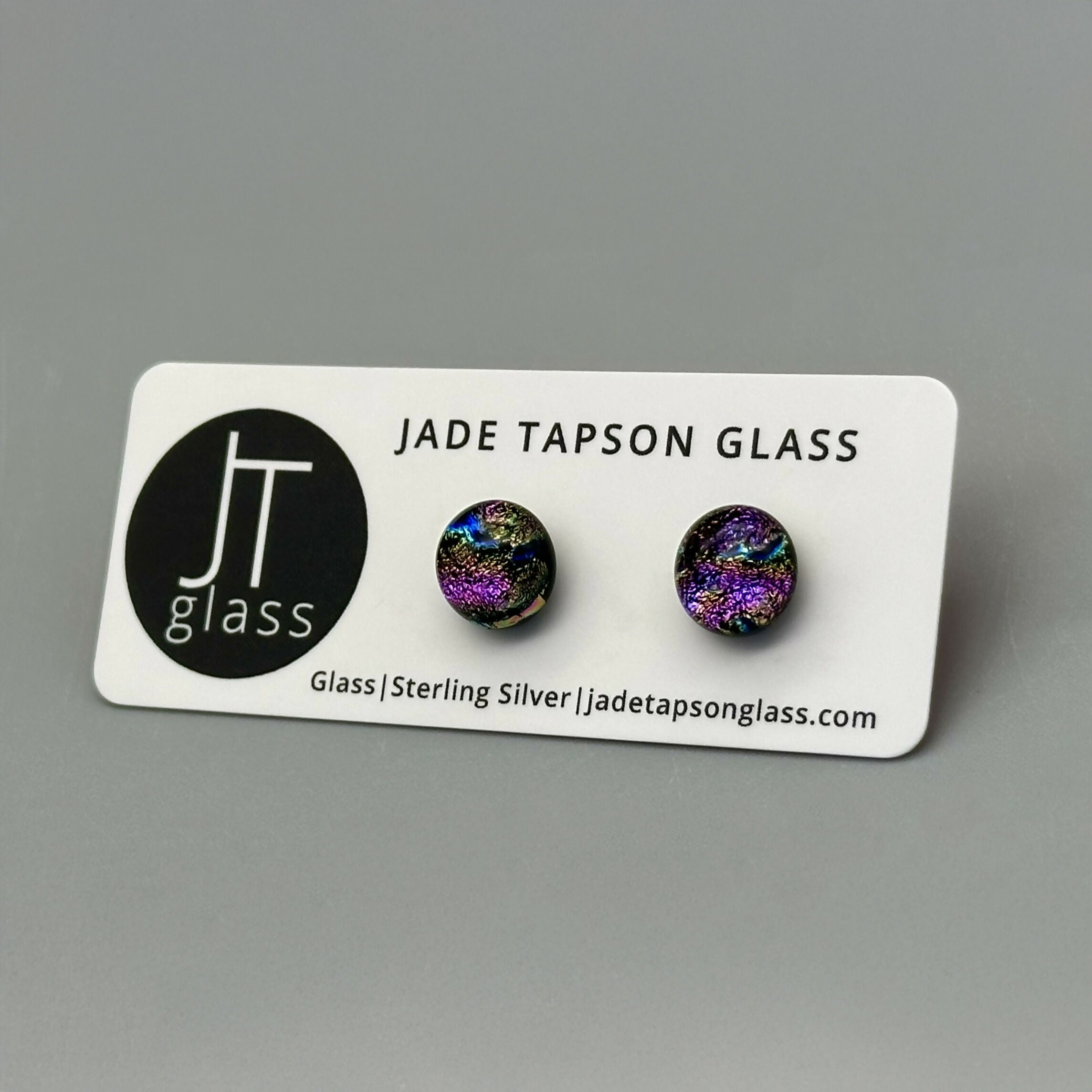 Rainbow Dichroic Fused Glass Sterling Silver Stud Earrings - Handmade by Jade Tapson Glass.