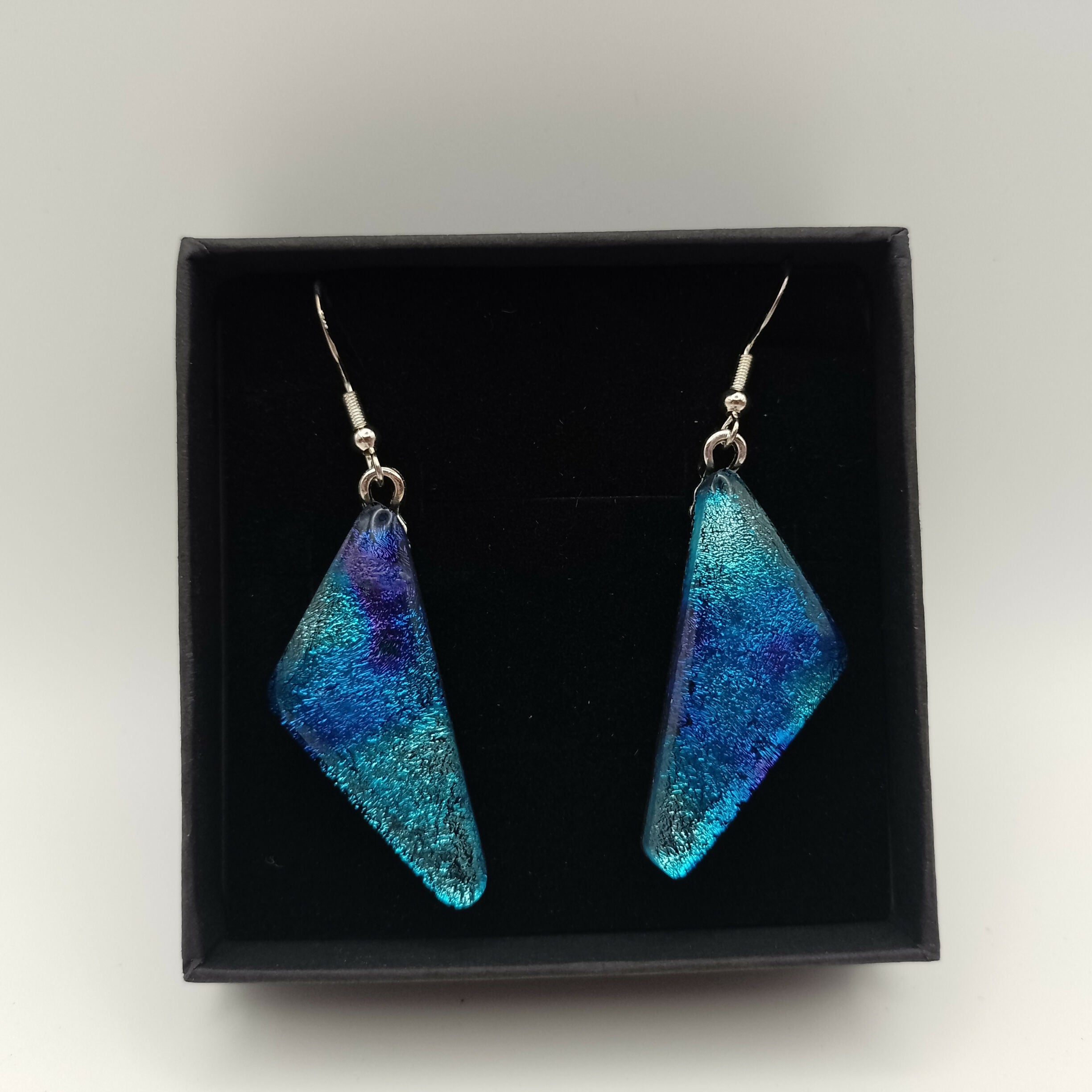 Blue Triangular Dichroic Glass Earrings