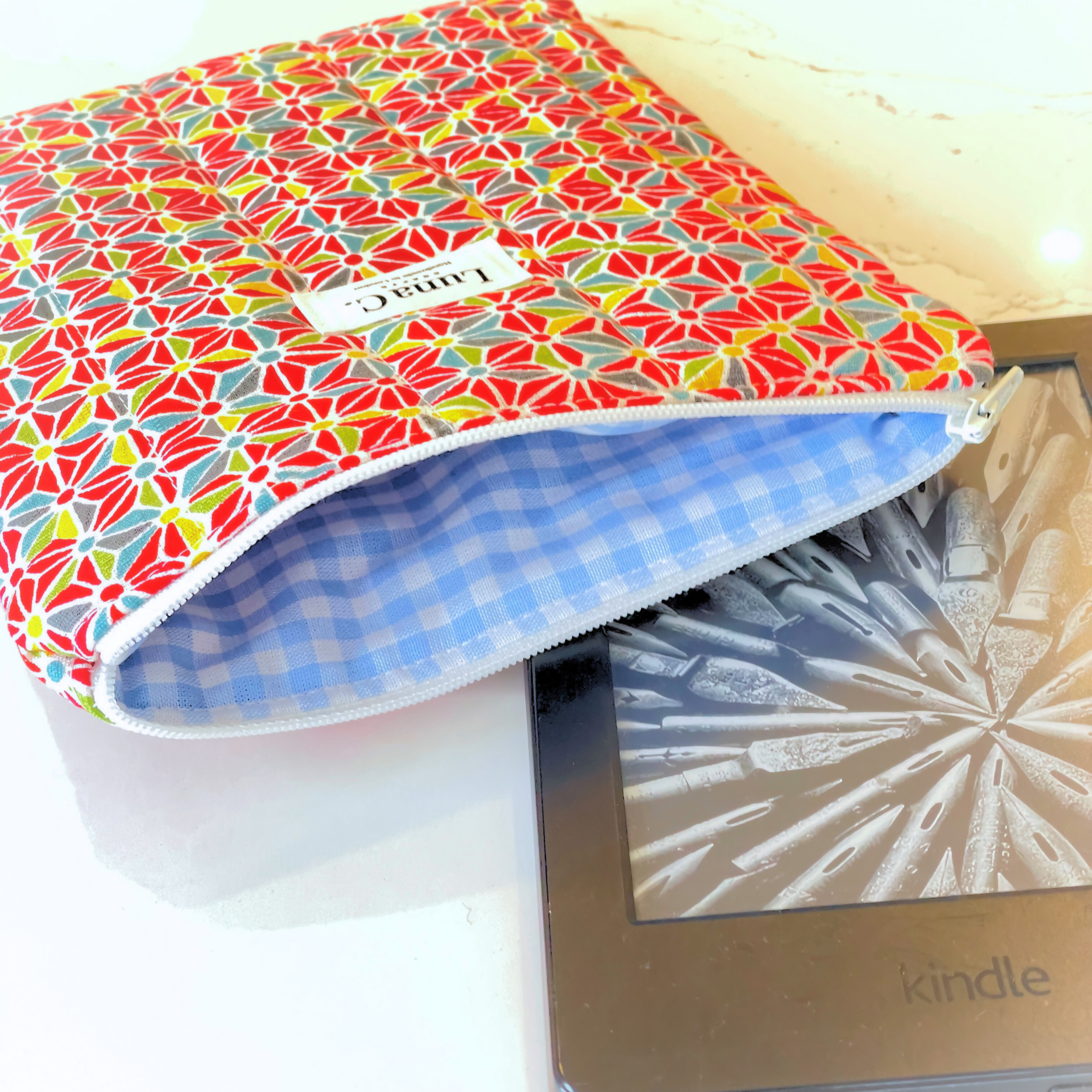 Red Asanoha Light Blue Gingham Lining Zipped Book or Kindle Sleeve