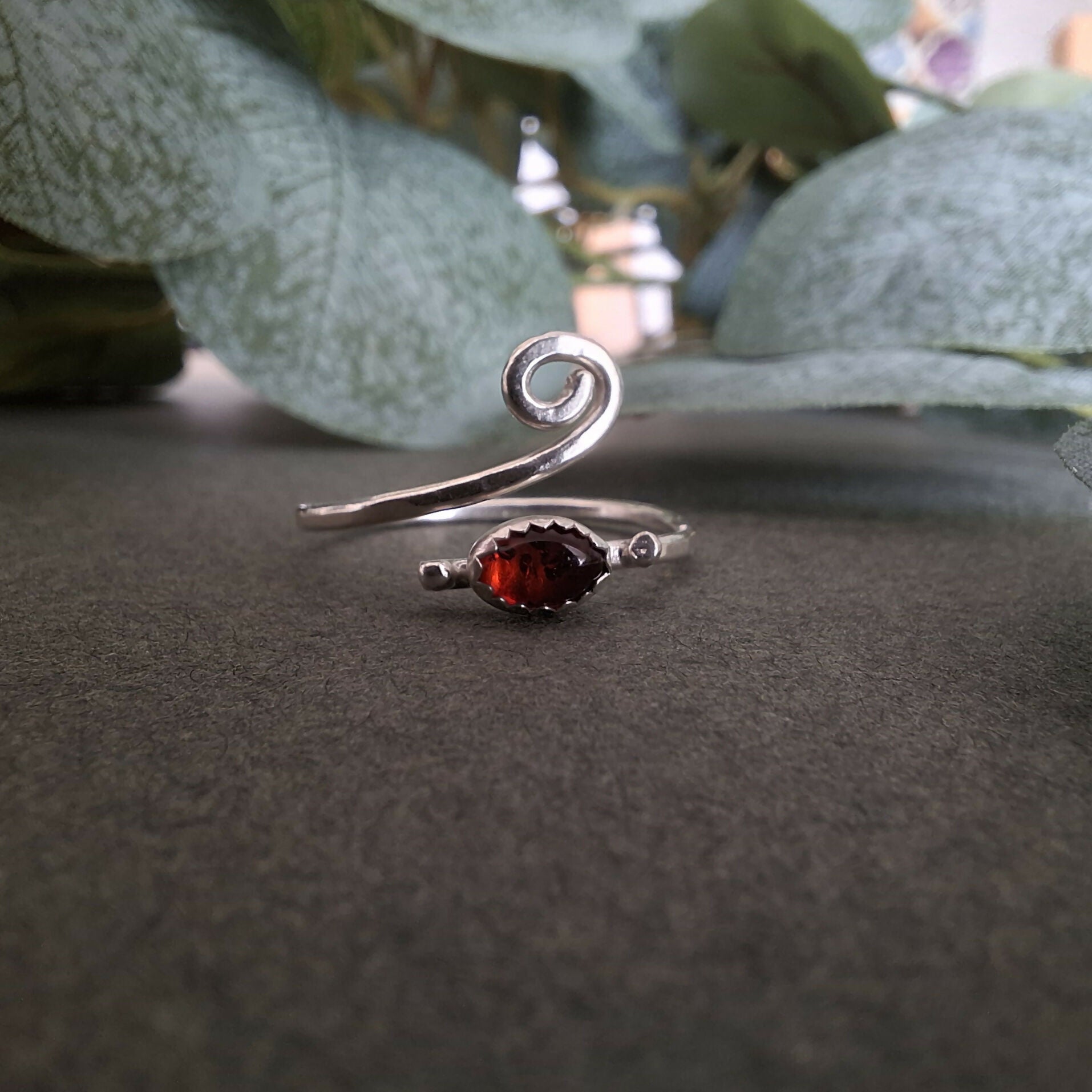 Handmade Adjustable Silver Amber Ring Size R