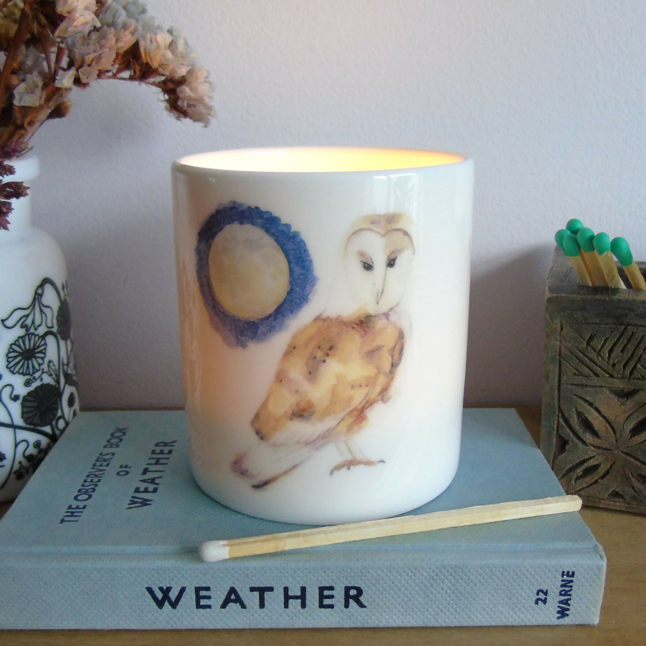 Barn owl and Moon Bone China Candle Holder