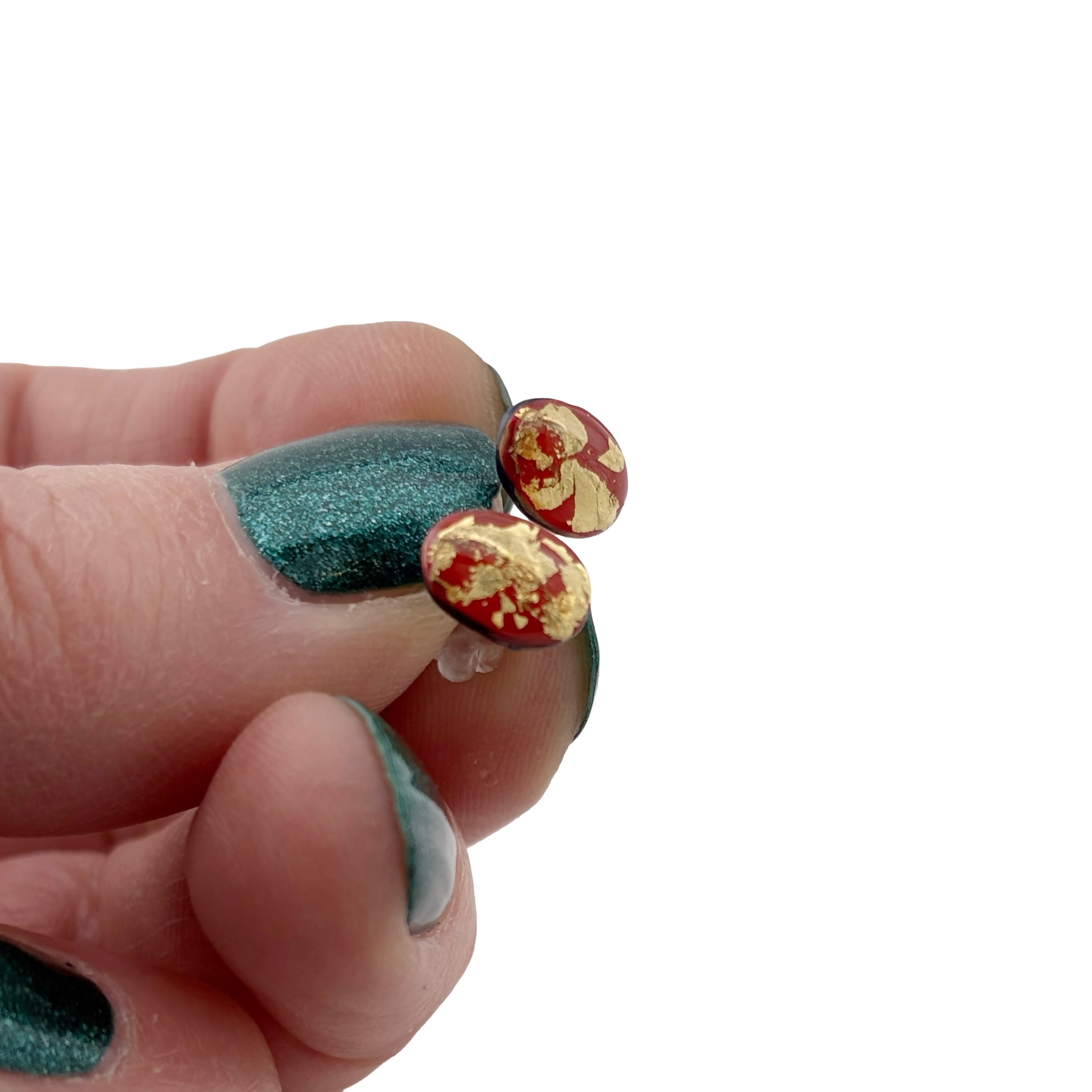 Gold Leaf on Red Oval Earrings - with sterling silver earring posts