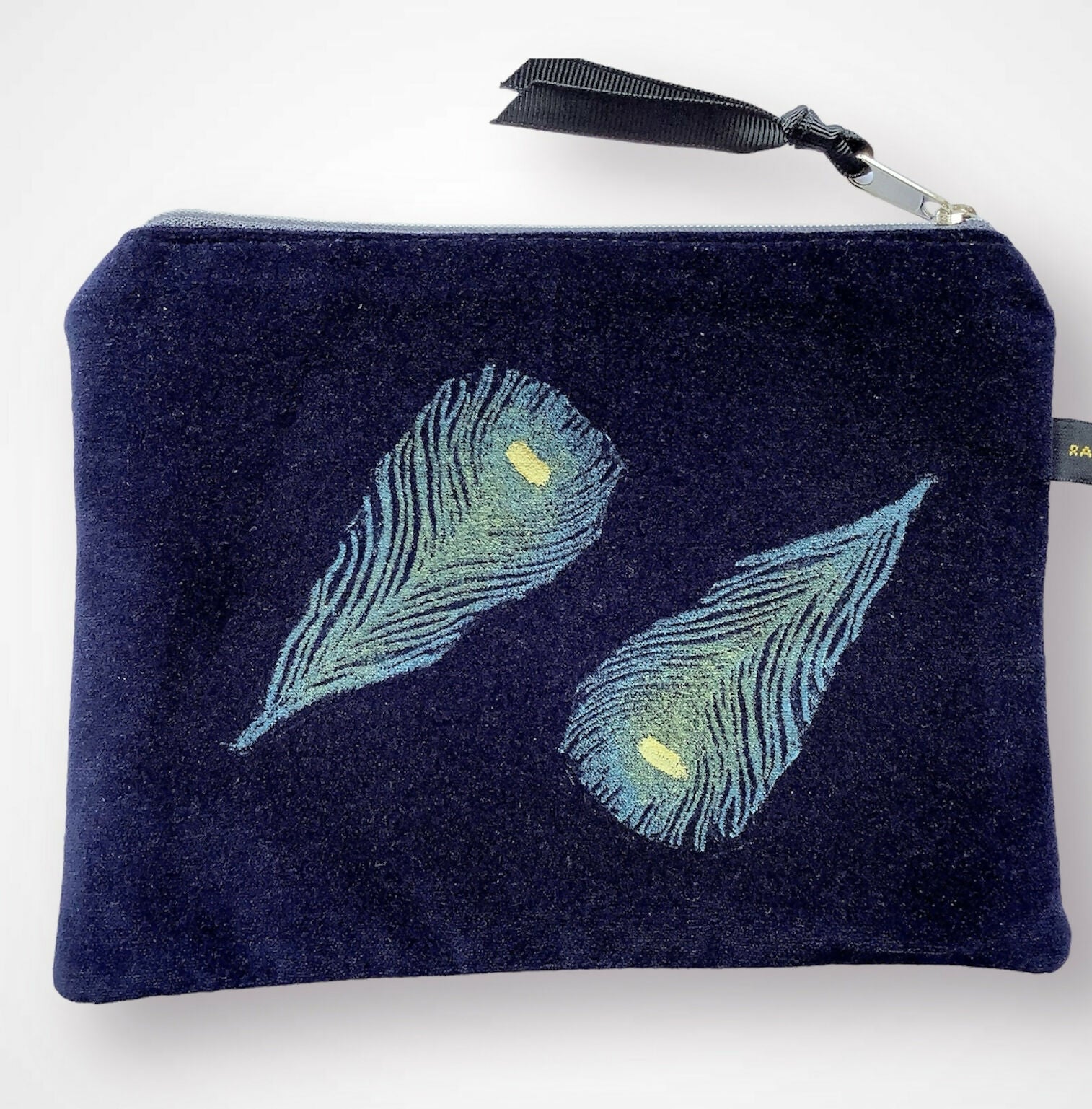 Navy Peacock Feathers Velvet Zip-Up Pouch with Wrist Strap